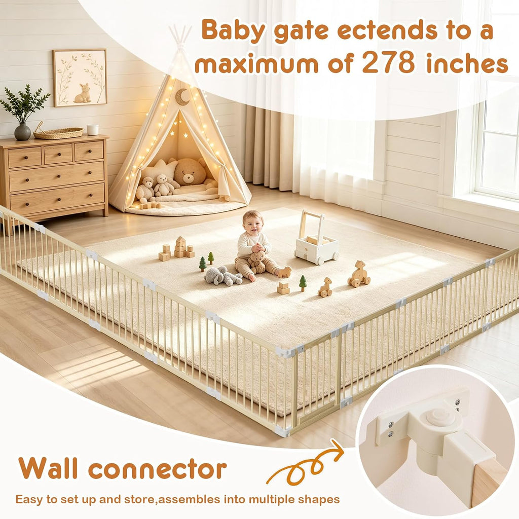 Baby Playpen, Foldable Wooden Play Yard with Gate | Adjustable Activity Center, Child Proof Lock, Expandable, 56x83x24 inch,For Babies 6 to 36 months