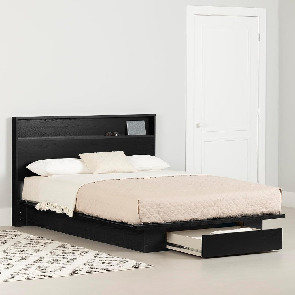 South Shore Primo Platform Bed and Headboard Set, Full/Queen, Black Oak