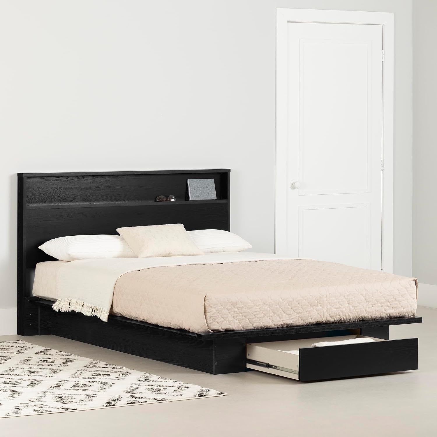 South Shore Primo Platform Bed and Headboard Set, Full/Queen, Black Oak