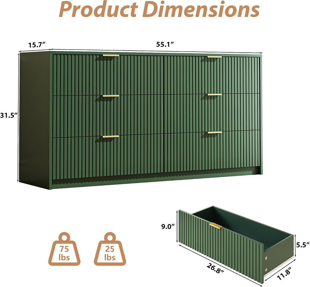 MAISONARIA Green 6 Drawer Dresser for Bedroom, 55' Wide Modern Chest of Drawers with Gold Metal Handles, Fluted Wood TV Stand for Living Room, Hallway