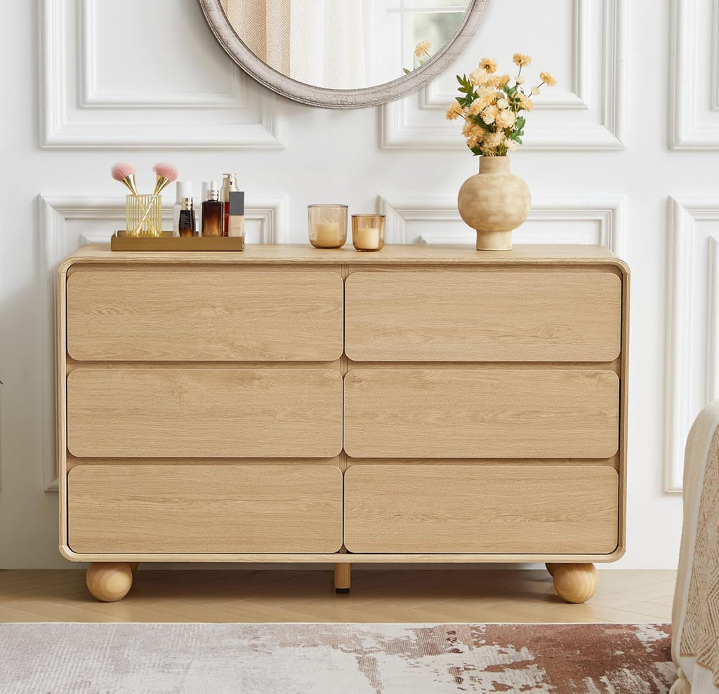 AVZEAR 6 Drawer Dresser for Bedroom, 48' Modern Wooden Dresser Chest of Drawers, Curved Profile Design, Closet Clothes Storage Organizer for Kids Bedroom, Living Room, Nursery, Natural Color