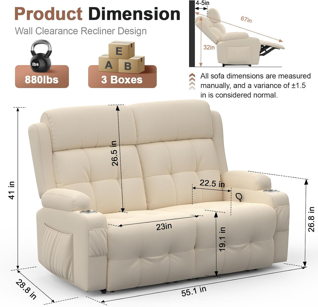 Loveseat Recliner, Oversized Massage Reclining Sofa Heavy Weight Capacity, RV Love Seat Chair Clearance with Storage, Cup Holders, Wall Hugger Couches for Living Room, Beige Visit The Store