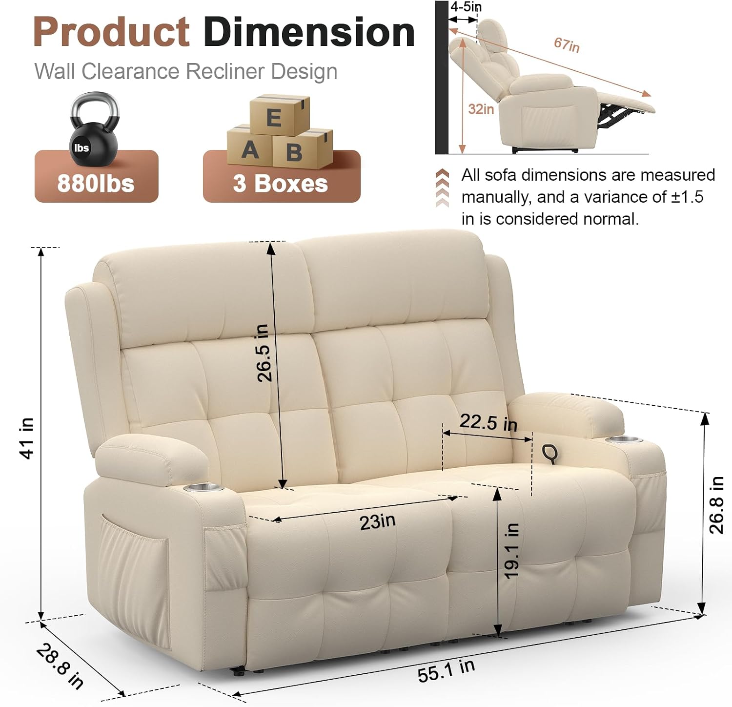 Loveseat Recliner, Oversized Massage Reclining Sofa Heavy Weight Capacity, RV Love Seat Chair Clearance with Storage, Cup Holders, Wall Hugger Couches for Living Room, Beige Visit The Store