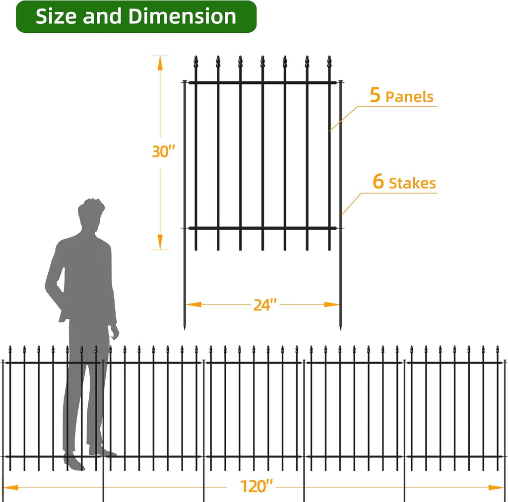 FOREHOGAR Metal Garden Fence 30 in H x 10 ft L,Border Fence Panels Animal Barrier for Dogs, No Dig Garden Fencing for Yard Patio Flower Bed Lawn Outdoor,5 Panels + 6 Stakes Black