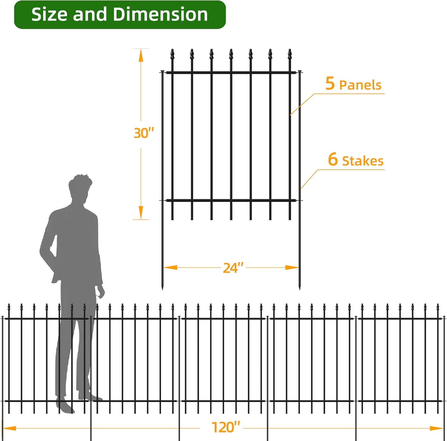 FOREHOGAR Metal Garden Fence 30 in H x 10 ft L,Border Fence Panels Animal Barrier for Dogs, No Dig Garden Fencing for Yard Patio Flower Bed Lawn Outdoor,5 Panels + 6 Stakes Black