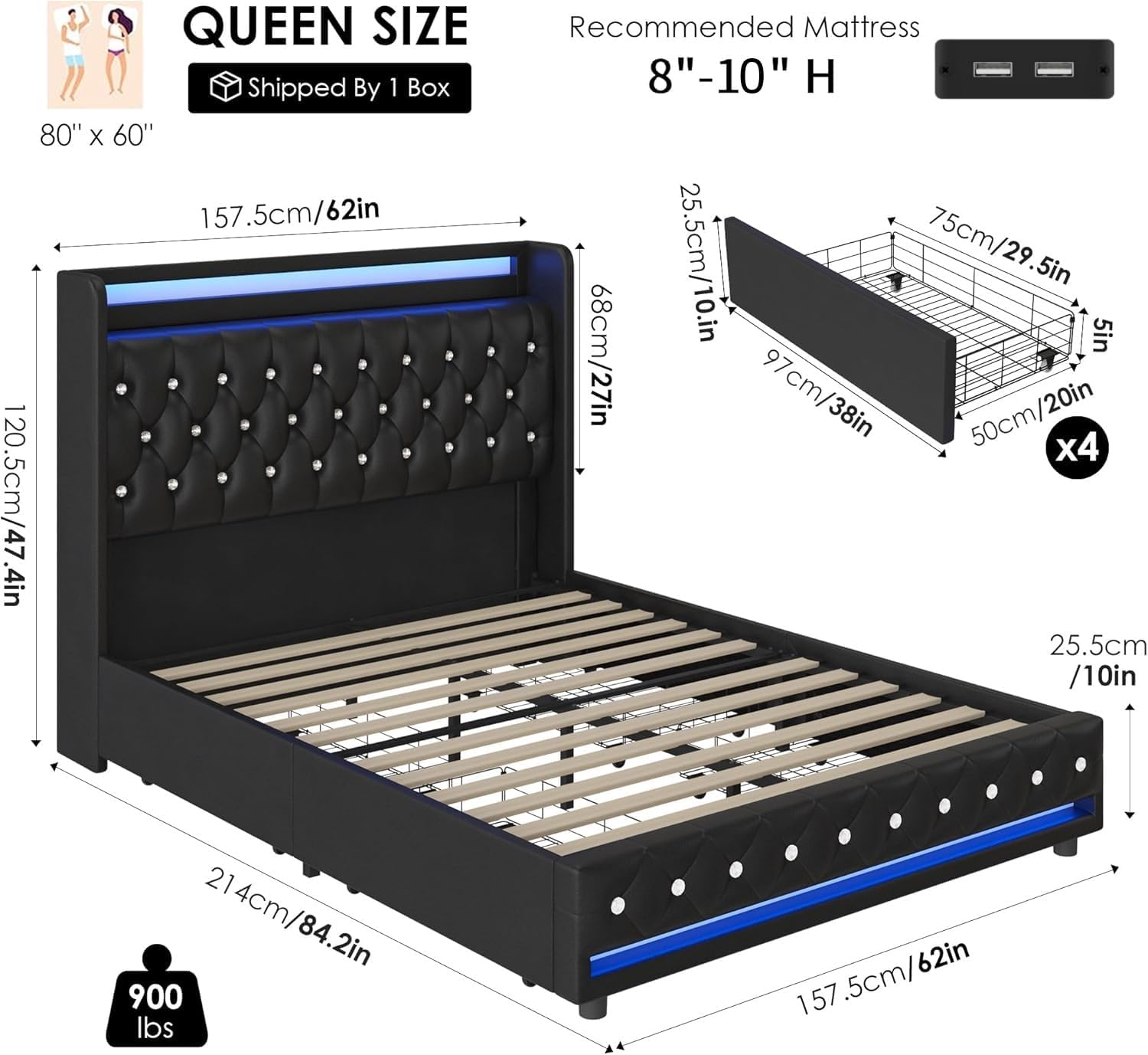 HIFIT Queen LED Bed Frame with Charging Station and 4 Storage Drawers, PU Upholstered Platform Bed with Handcrafted Crystal Button Wingback Headboard, Metal Frame with No Box Spring Needed, Black