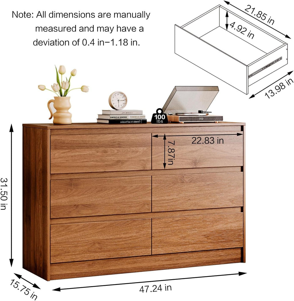 Chrangmay 6 Drawer Dresser,47' Wide Mid Century Chest of Drawers,Wooden Bedroom Drawer Dresser with 6 Storage Drawers for Bedroom,Living Room,with Anti-Tipping Device, Brown