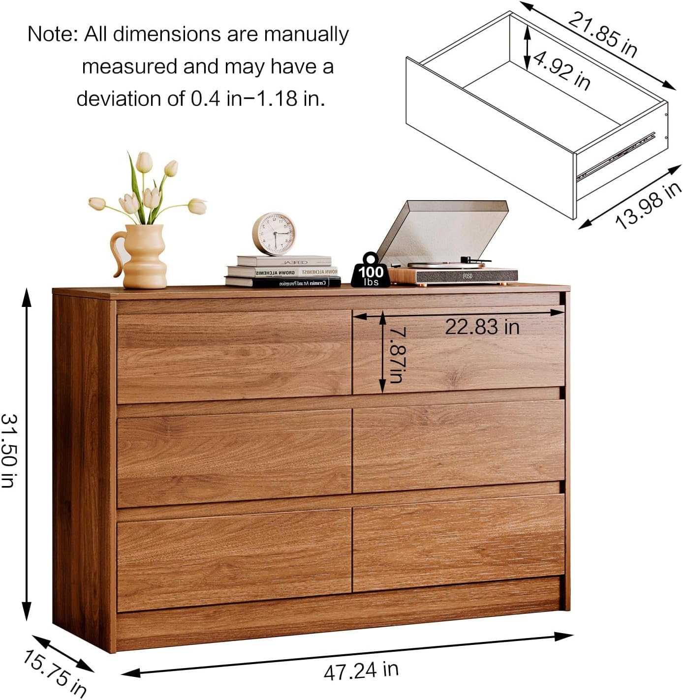 Chrangmay 6 Drawer Dresser,47' Wide Mid Century Chest of Drawers,Wooden Bedroom Drawer Dresser with 6 Storage Drawers for Bedroom,Living Room,with Anti-Tipping Device, Brown