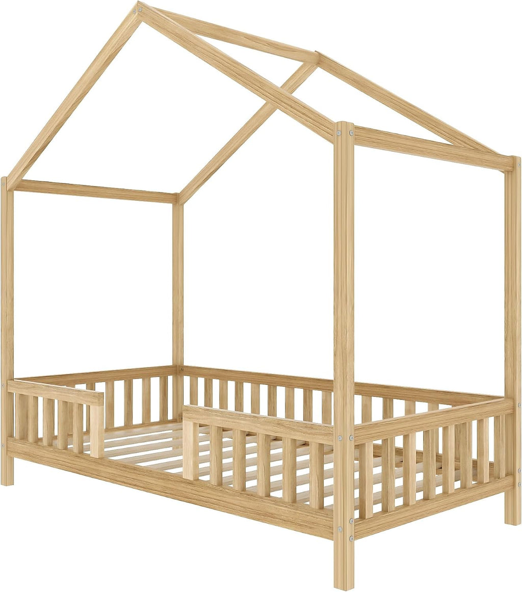 Twin Size House-Shape Bed with Canopy and High Railings, Wood Kids Bed Frame with Roof (Natural, Twin)