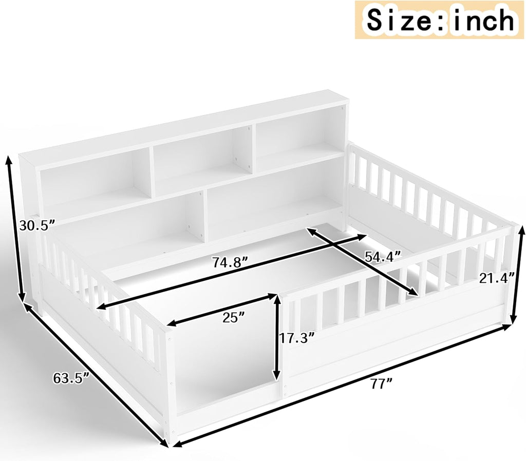 JIJIWANG Full Size Floor Bed for Kids, Wooden Montessori Bed Frame with Bookcase, Storage Shelves & Safety Fence Rails, Floor Beds Full for Girls, Boys, No Box Spring Needed, Without Slats, White
