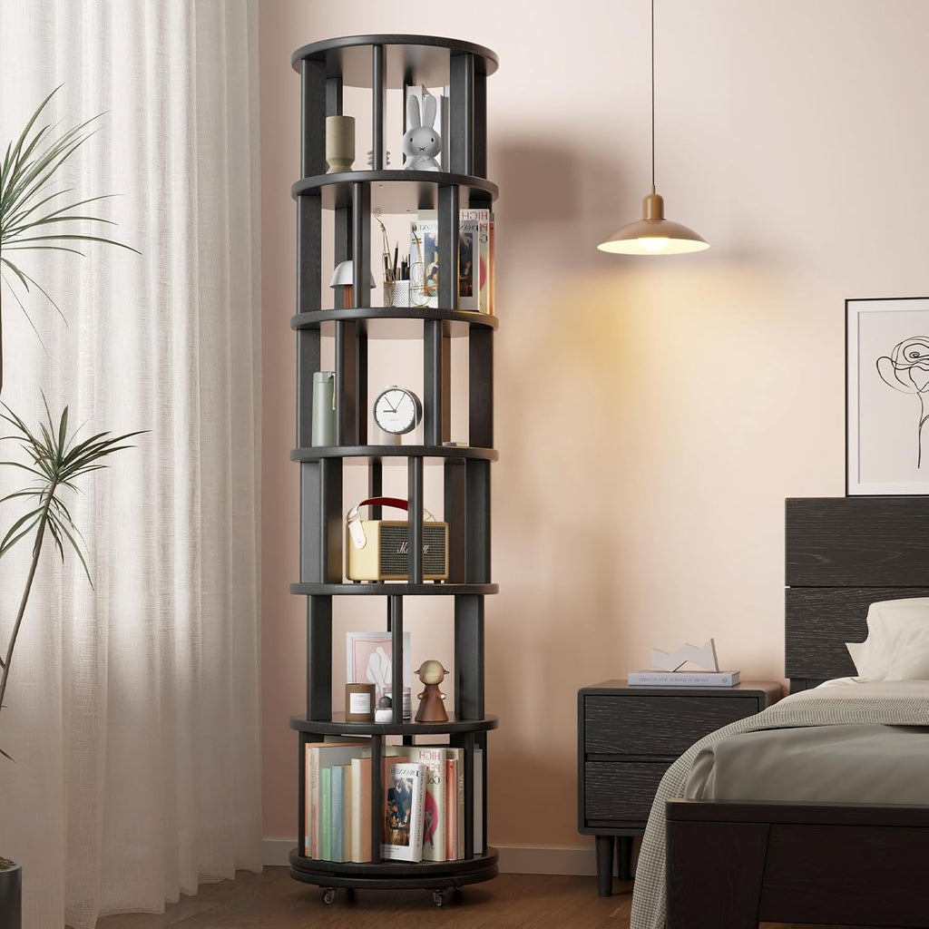 Muwuele Solid Wood Rotating Bookshelf on Wheels, 6 Tier, Round Revolving Bookcase, 360° Spinning Book Shelf Tower for Kids, Narrow Rolling Bookshelves for Small Space, Corner, Bedroom, Office, Black