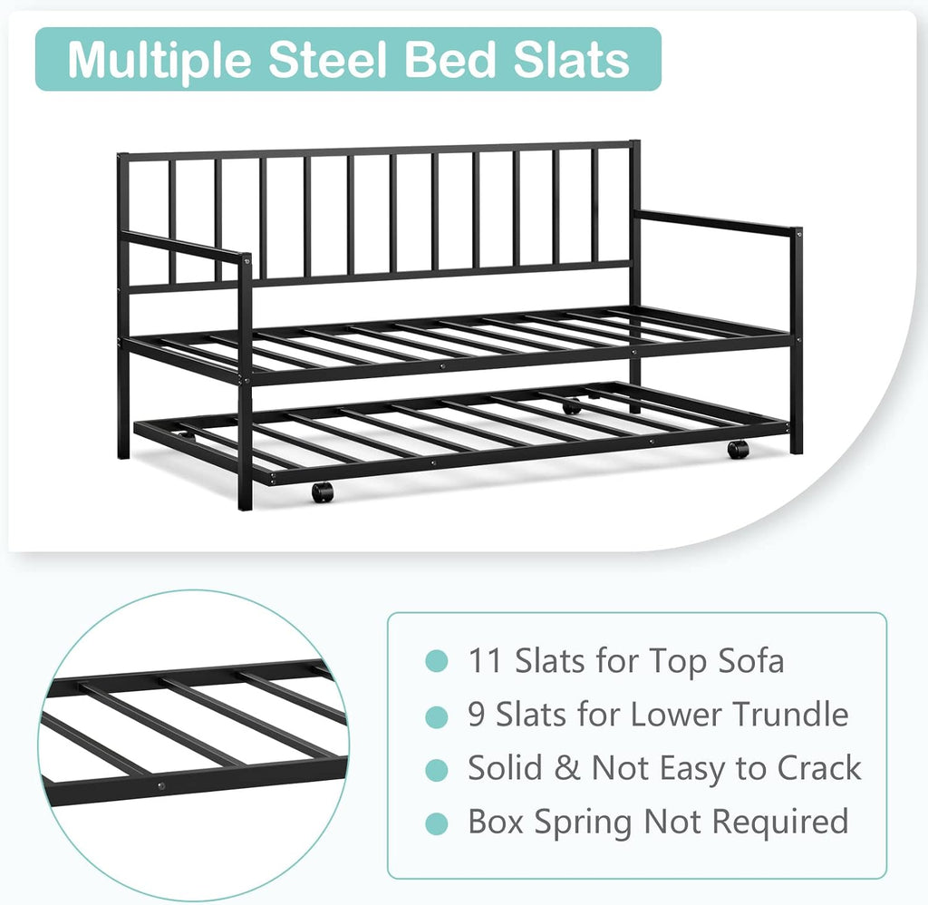 COSTWAY Twin Size Daybed and Trundle, Metal Frame Daybed and Roll Out Trundle w/Steel Slat Support & 4 Lockable Casters, Heavy-Duty Daybed for Guest Room, Bedroom (Black)