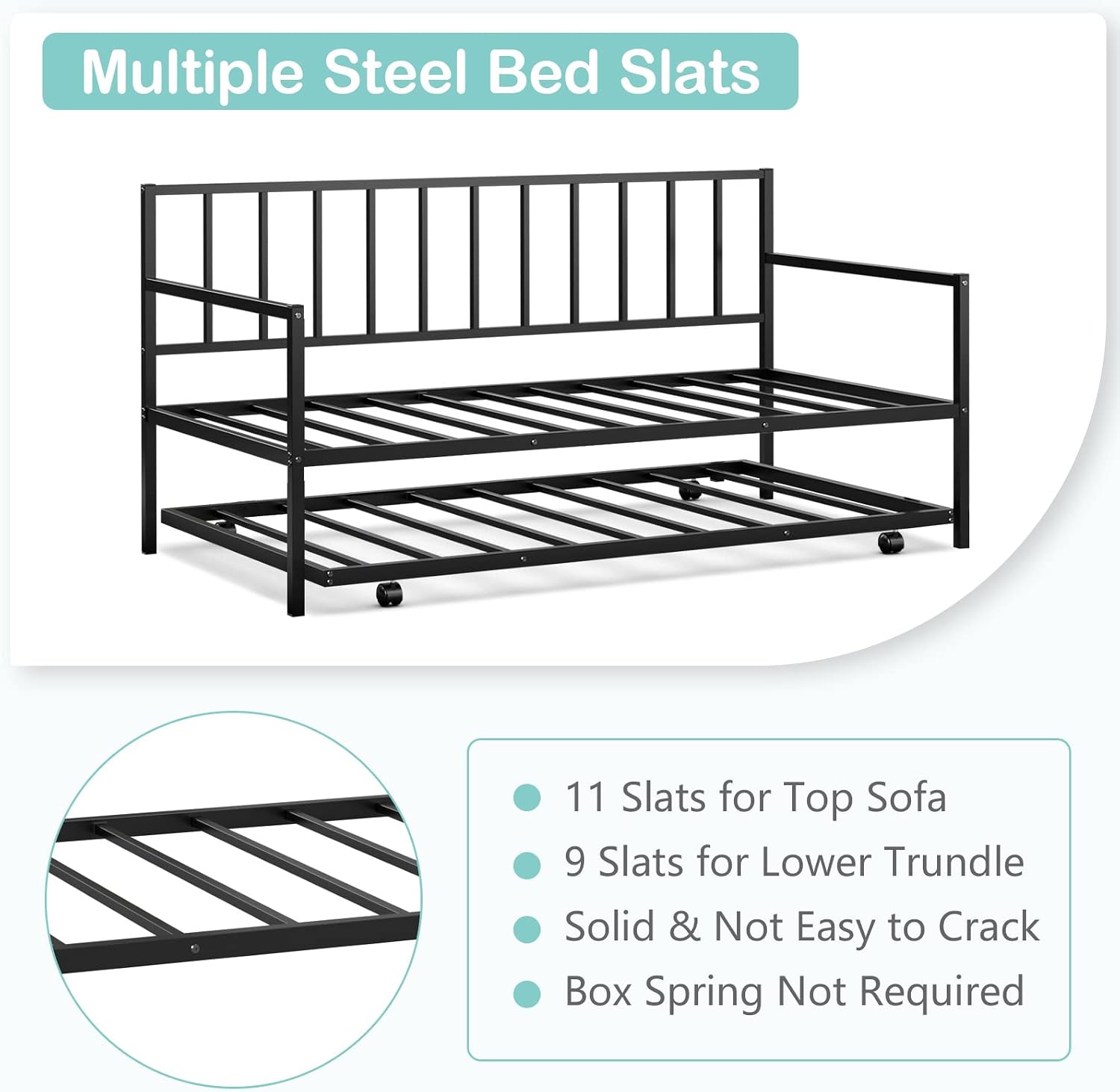COSTWAY Twin Size Daybed and Trundle, Metal Frame Daybed and Roll Out Trundle w/Steel Slat Support & 4 Lockable Casters, Heavy-Duty Daybed for Guest Room, Bedroom (Black)