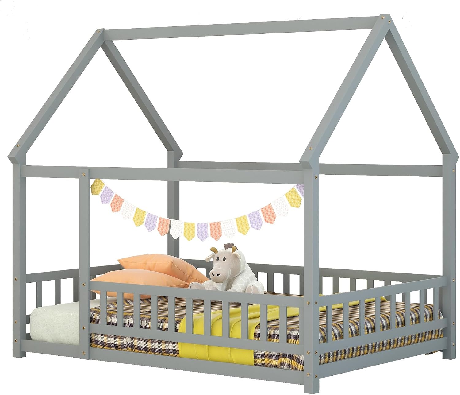 Bellemave Full Size House Floor Bed,Wooden Montessori Bed with Fence and Roof for Kids,Playhouse Full Bed Frame for Girls,Boys(Full,Gray)