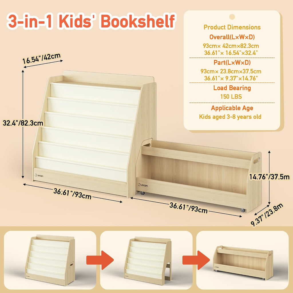 JOYCOPY- 2-in-1 Bookcase Set 5-Tier Kids Bookshelf and Toy Storage with Rolling Book cart, Hideable Storage for Nursery, Playroom, Classroom, Nature