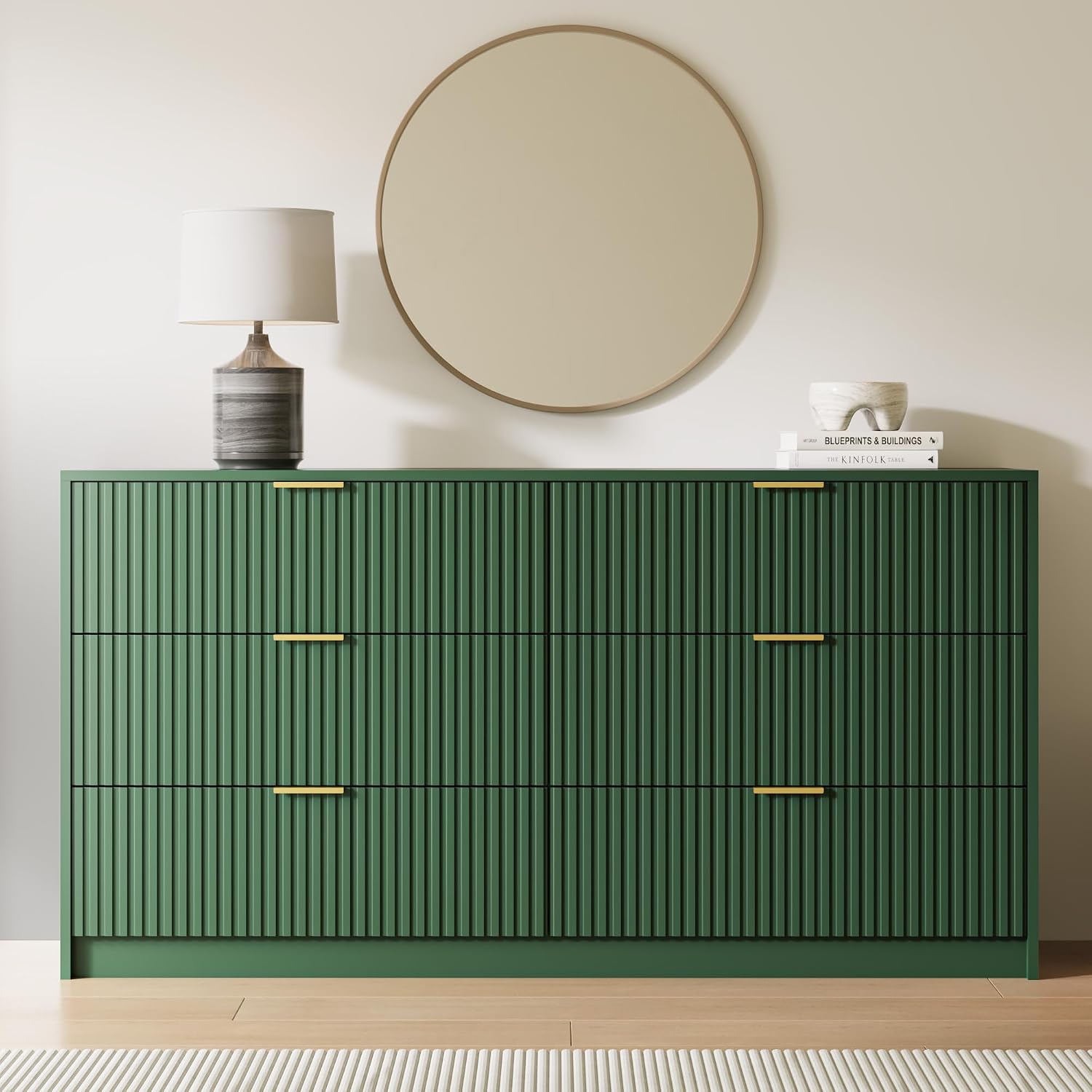 MAISONARIA Green 6 Drawer Dresser for Bedroom, 55' Wide Modern Chest of Drawers with Gold Metal Handles, Fluted Wood TV Stand for Living Room, Hallway