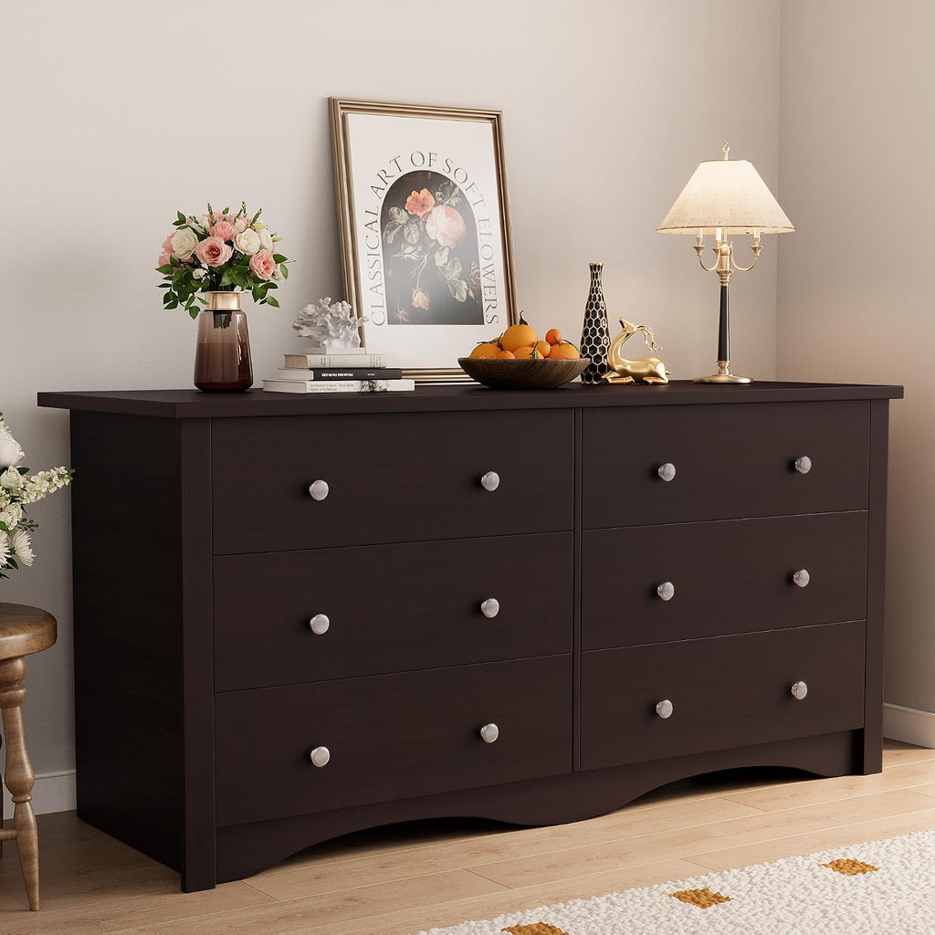 YESHOMY 6 Drawer Dresser for Bedroom, Wood Dresser, Chest of Drawers Storage Organizer, TV Stand for 55 inch TV, for Living Room, Hallway, Closet (Dark Brown)