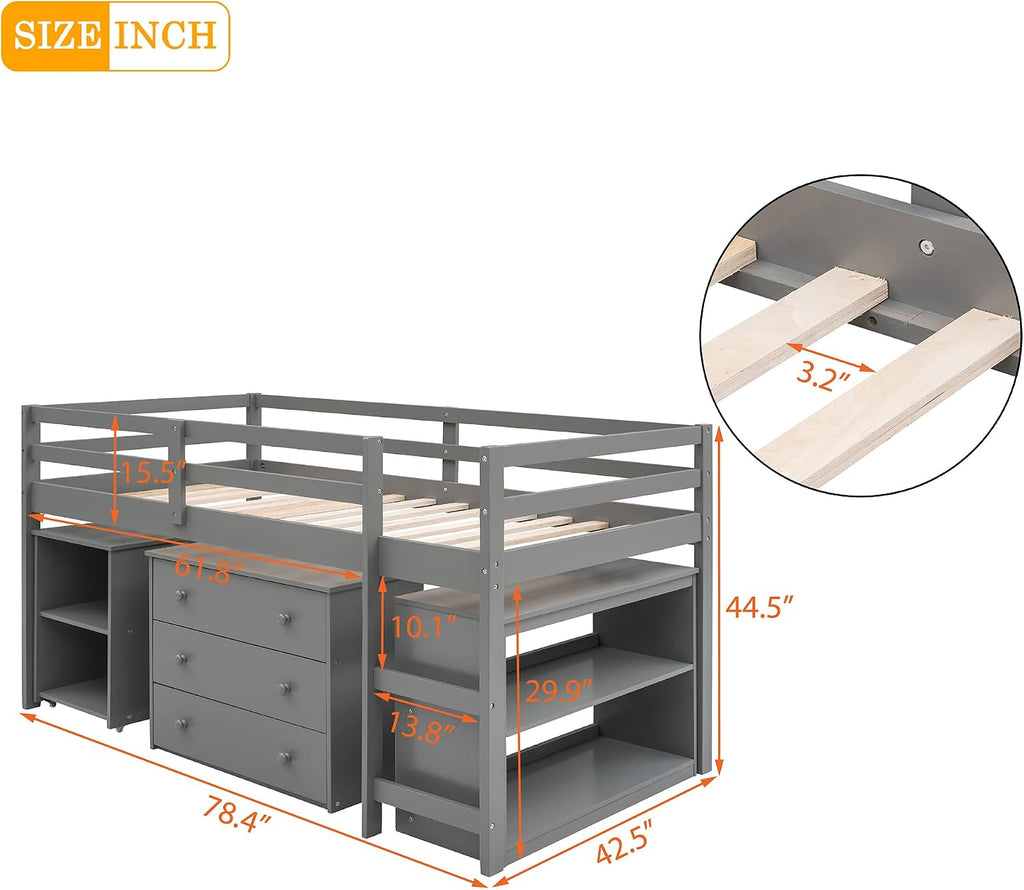 JIVOIT Twin Size Low Loft Bed with Rolling Portable Desk, Wooden Loft Bed with Cabinet/Bookshelf/Drawers/Open Shelves for Kids Teens Adults, No Box Spring Required (Gray-Twin-Rolling Portable Desk)