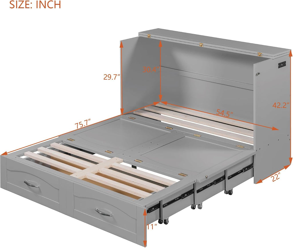 Full Size Murphy Wall Bed with Drawer and a Set of Sockets & USB Ports,Modern Bed Frame with Pulley Structure Design for Kids Teen Girls Boys Adults Bedroom Furniture (Gray-46, Full)
