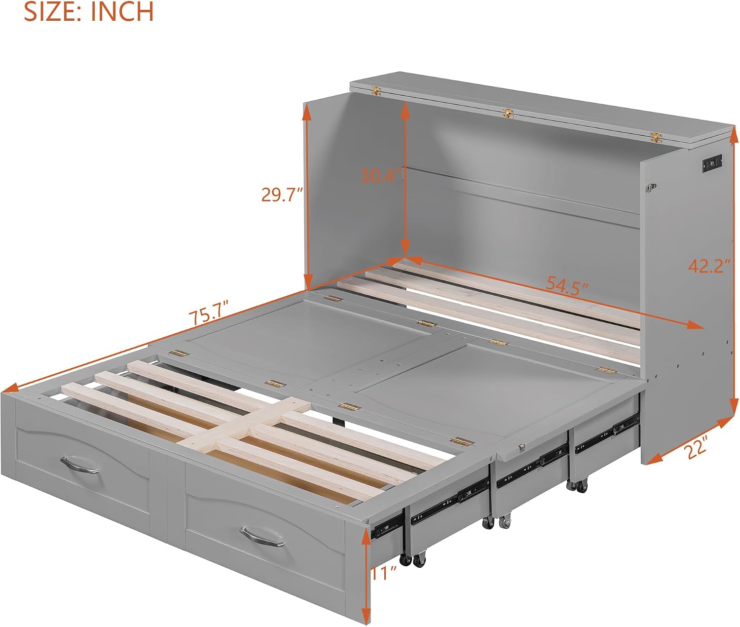 Full Size Murphy Wall Bed with Drawer and a Set of Sockets & USB Ports,Modern Bed Frame with Pulley Structure Design for Kids Teen Girls Boys Adults Bedroom Furniture (Gray-46, Full)