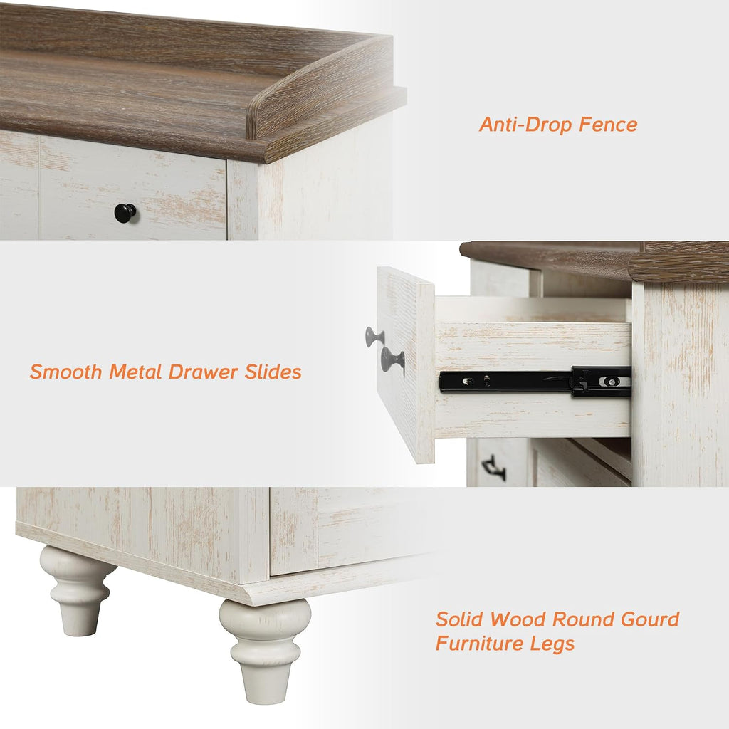 WAMPAT 3 Piece Bedroom Set - Includes 6 Drawer Dresser, Set of 2 Farmhouse Nightstands with Charging Station & Drawers & Cubby, 3 Piece Dresser and Nightstand Sets, Antique White