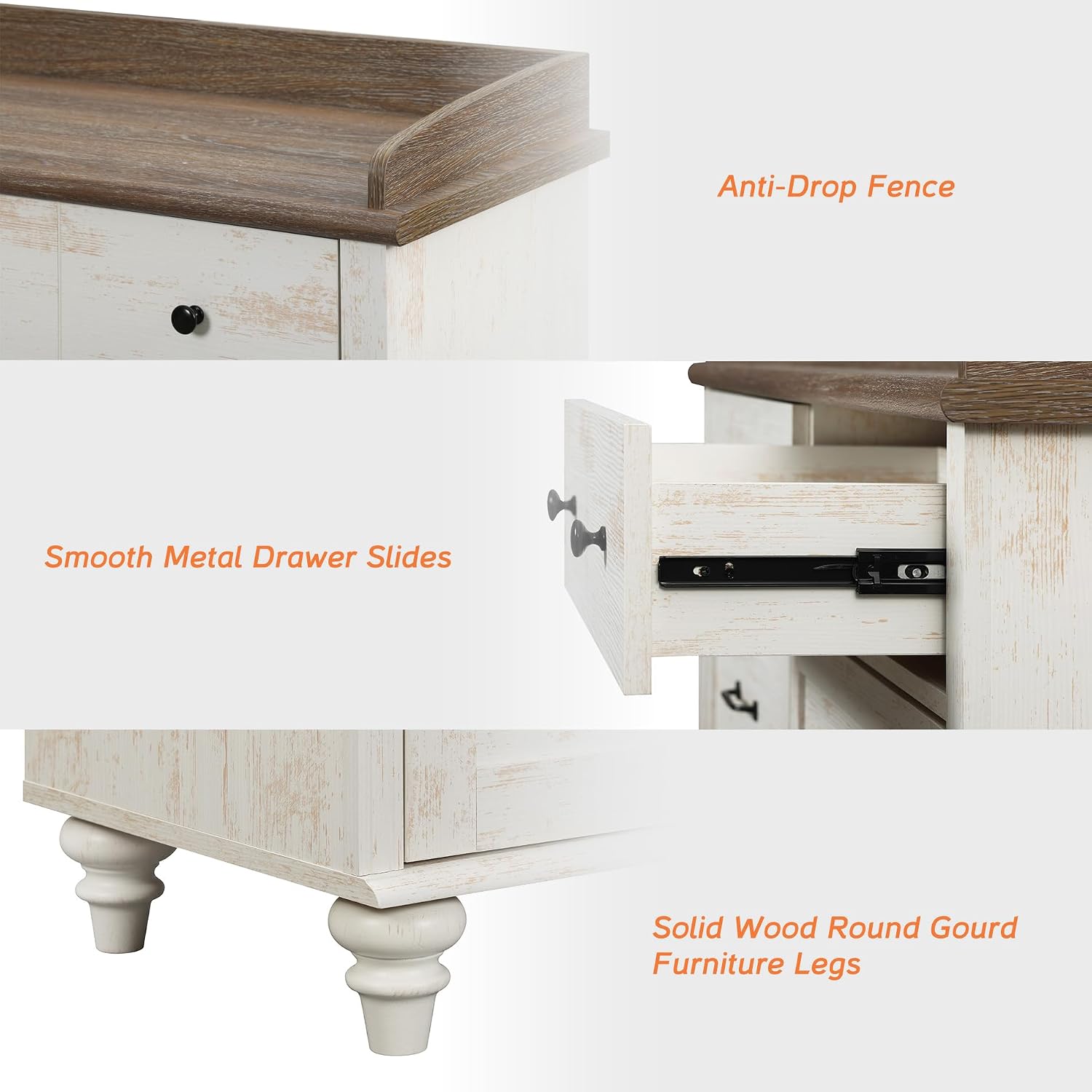 WAMPAT 3 Piece Bedroom Set - Includes 6 Drawer Dresser, Set of 2 Farmhouse Nightstands with Charging Station & Drawers & Cubby, 3 Piece Dresser and Nightstand Sets, Antique White