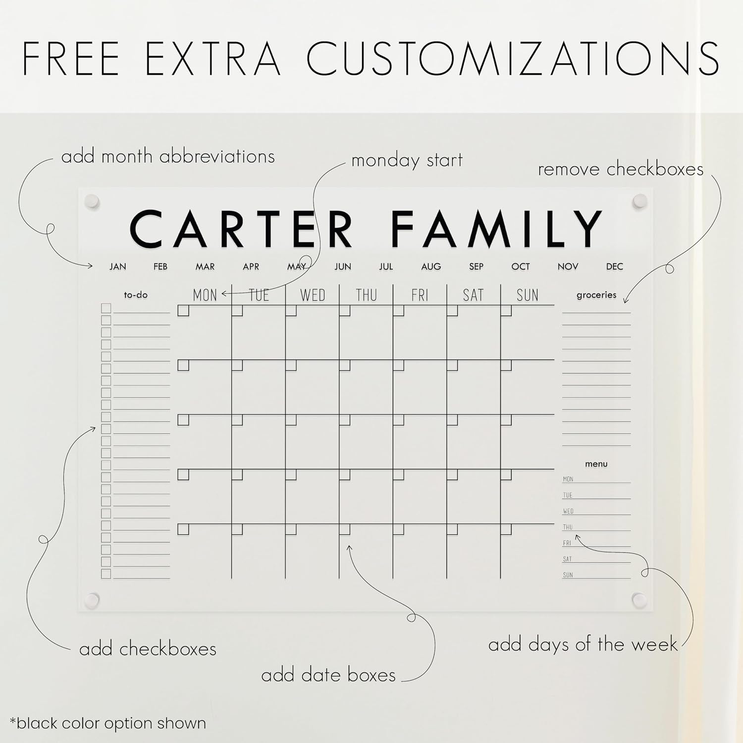 Personalized Clear Acrylic Calendar for Wall, Calendar Whiteboard for Wall, Dry Erase Wall Calendar, Wall Calendar Organizer System for Home (Block, Black, 38'W x 26'H)