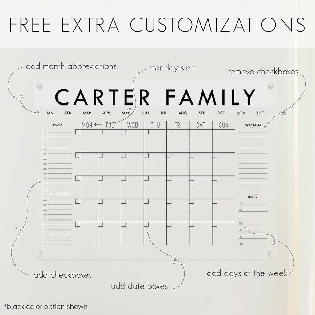 Personalized Clear Acrylic Calendar for Wall, Calendar Whiteboard for Wall, Dry Erase Wall Calendar, Wall Calendar Organizer System for Home (Block, Blush, 38'W x 26'H)
