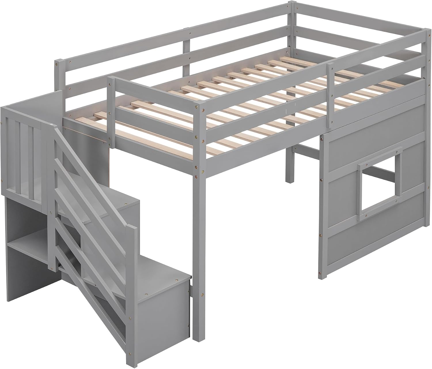 JIVOIT Low Loft Bed with Storage Staircase and Window, Twin Size Loft Bed with Guardrails and Wood Slats Support, Solid Wood Bed Frame, Space Saving Design, No Box Spring Need (Gray,Staircase+Window)