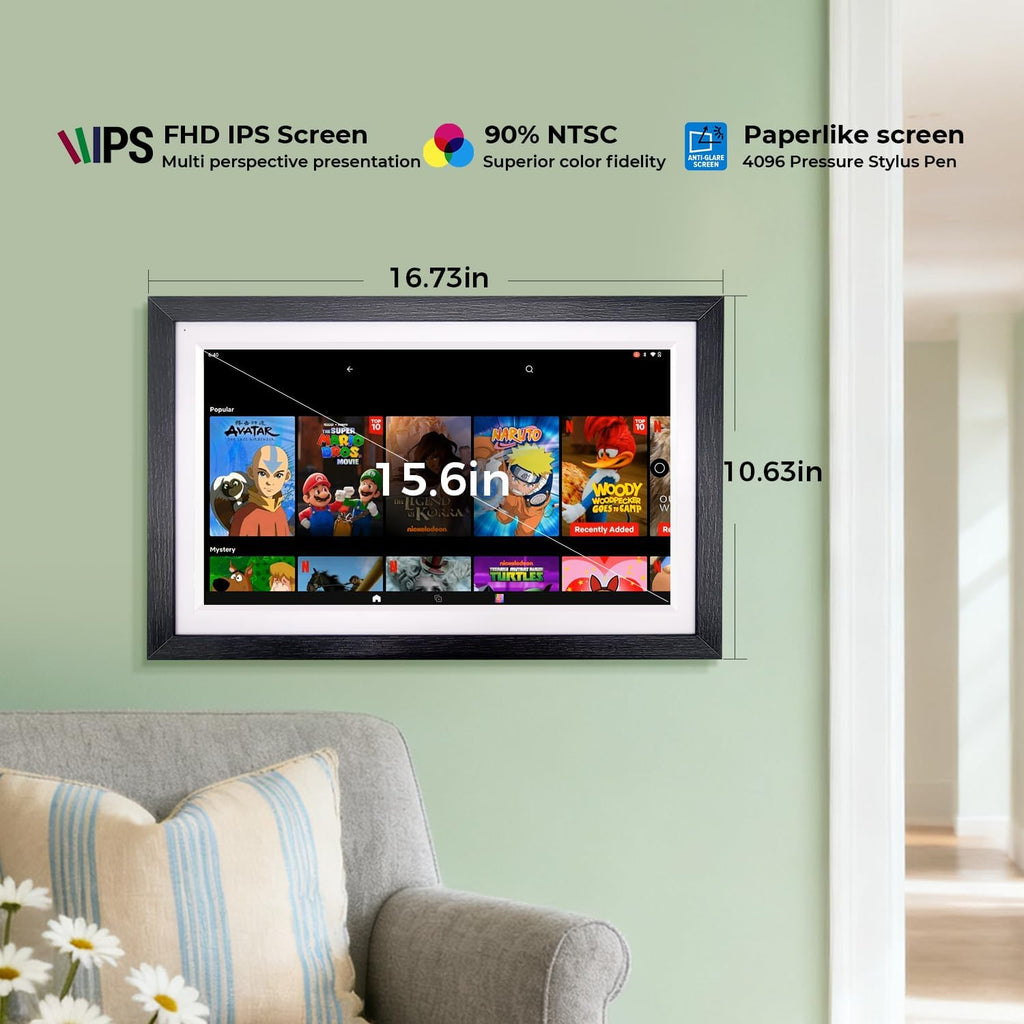 15.6' Smart Display with Google Calendar, Android Apps&Photo Frame, Walnut | No subscription+pen,Built-in battery,anti-glare FHD touchscreen,voice control,family schedules and chore management,Streaming