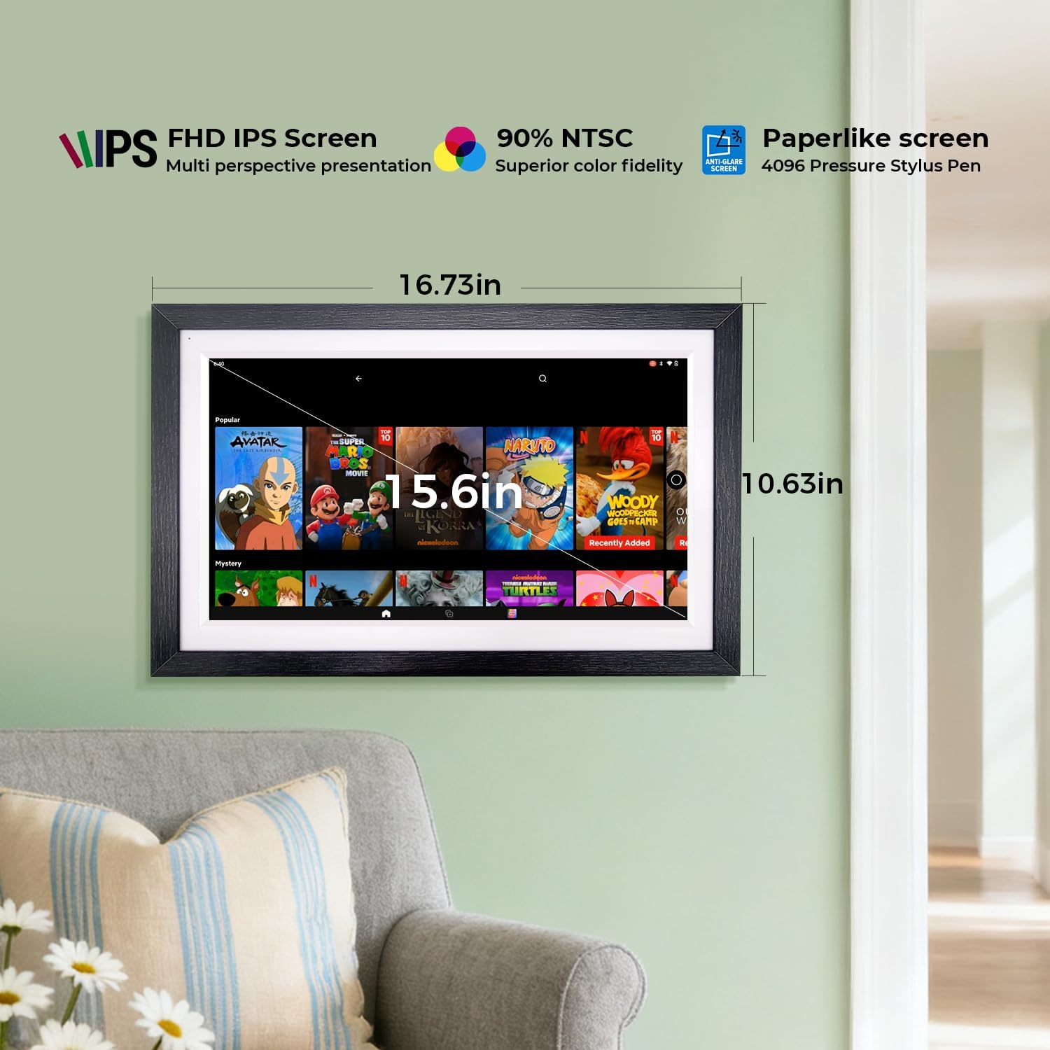 15.6' Smart Display with Google Calendar, Android Apps&Photo Frame, Walnut | No subscription+pen,Built-in battery,anti-glare FHD touchscreen,voice control,family schedules and chore management,Streaming