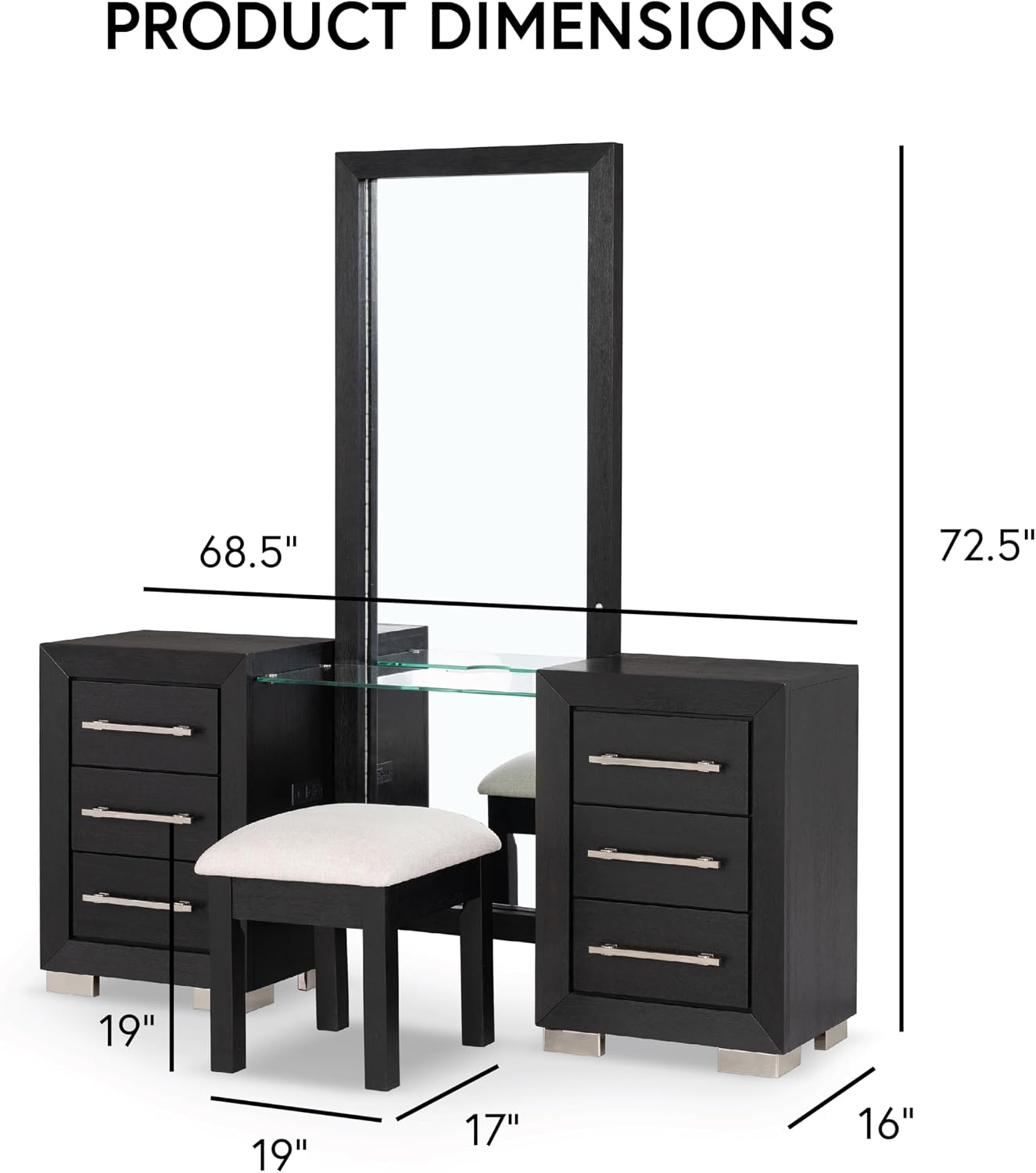 Furniture of America Lyle Modern Solid Wood 6-Drawer Makeup Vanity Set with Storage Stool and LED Full-Length Mirror, Wooden Dresser with USB Ports and Power Outlet for Bedroom, Guest Room, Black