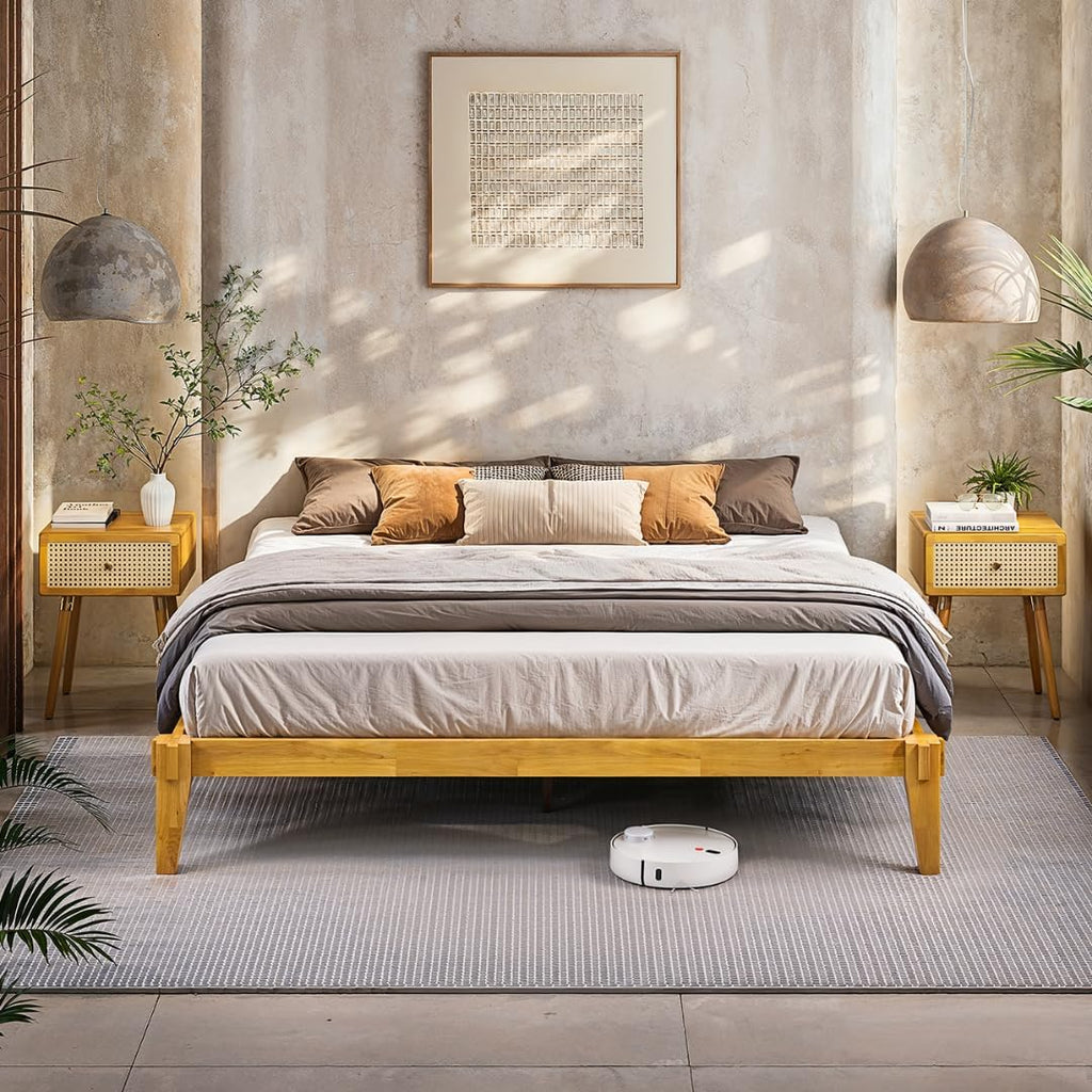 Bme Chalipa 14' King Bed Frame - Solid Wood Platform Bed - Japanese Joinery Bed Frame - Wood Slat Support - No Box Spring Needed - Easy Assembly - Minimalist & Modern Style, Golden Natural