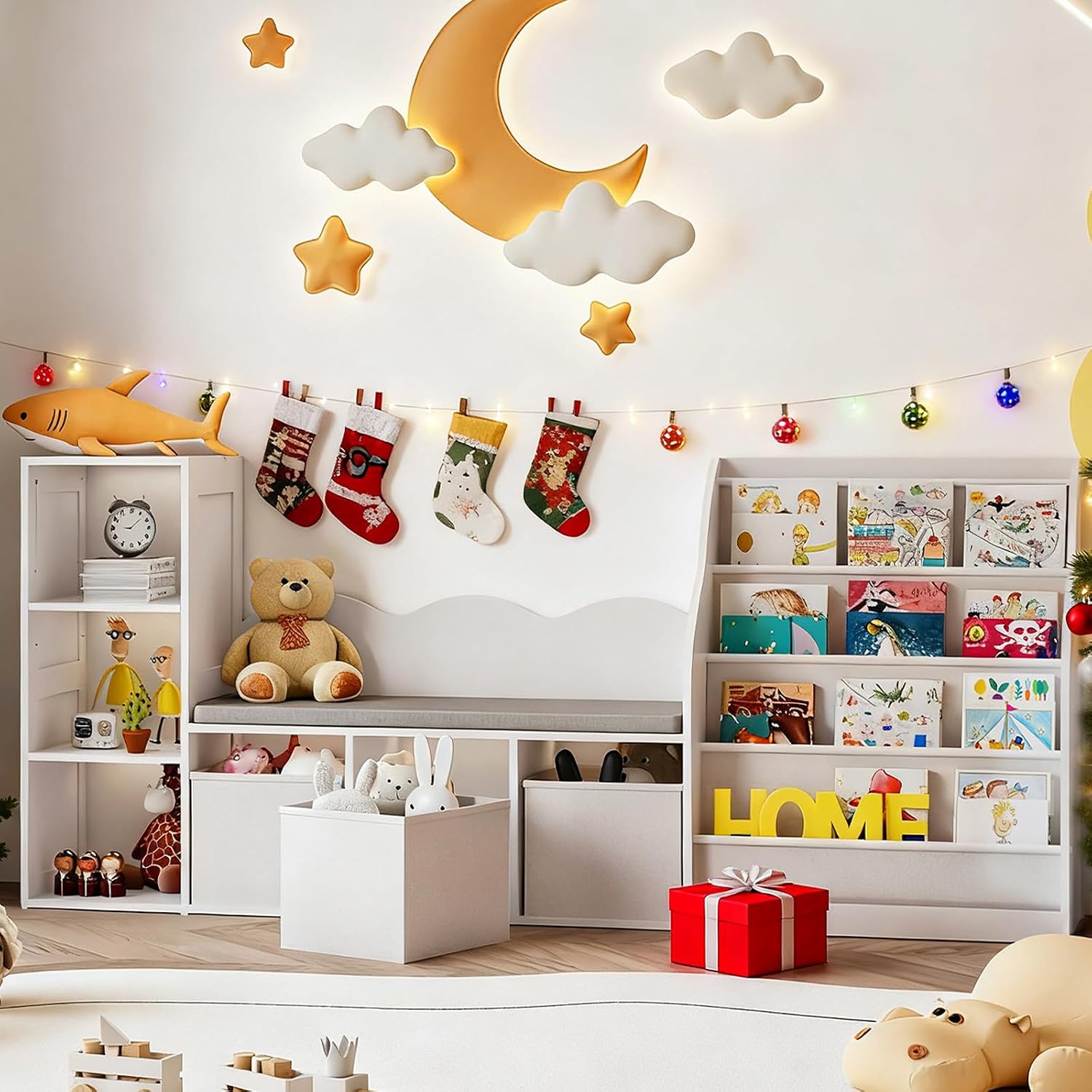 CHOEZON 66.9' Kids Bookshelf with Reading Nook, 3-in-1 Kids Bookcase with Cushion and Sling Shelf, Toy Chest Storage with Fabric Drawers, Reading Nook for Kids, for Playroom, Nursery, White MCW08WB