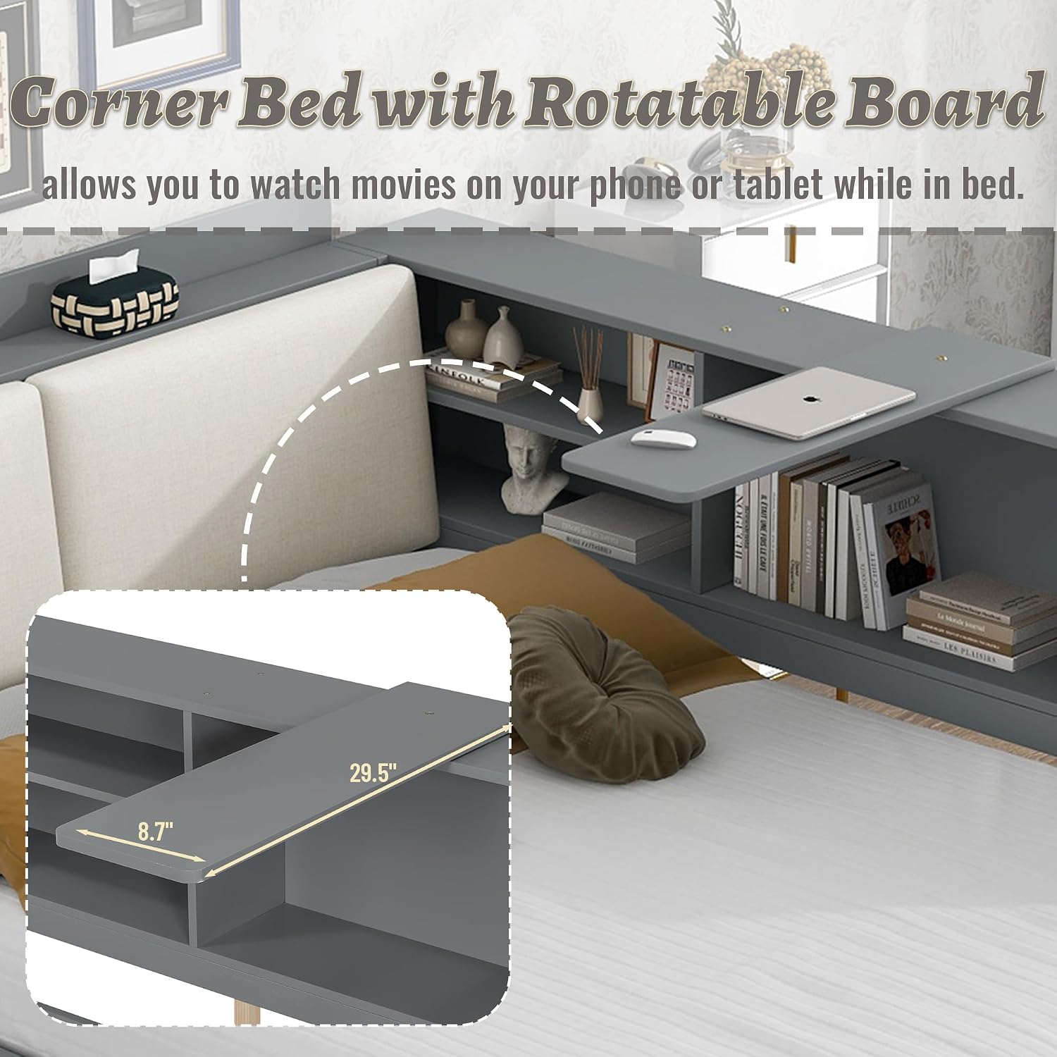 Full Size Corner Bed Frame with Trundle,Solid Wood Platform Bed with Upholstered Headboard, Rotatable Board and Bookcase, Storage Corner Beds Full for Kids Girls Boys(Gray)