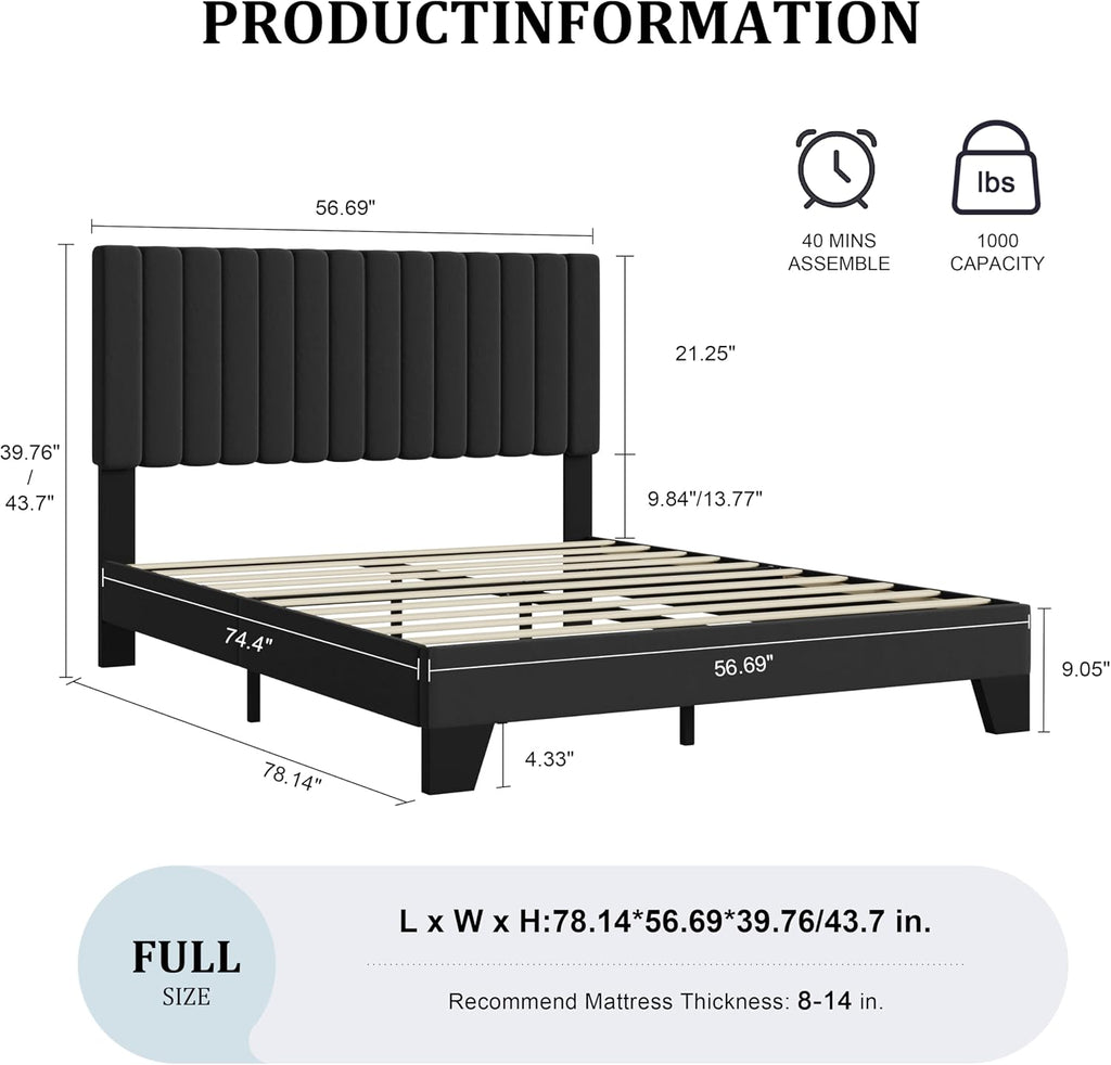 Full Size Bed Frame, Velvet Upholstered Platform Bed with Adjustable Tufted Headboard, Sturdy Frame and Slats, Noiseless, No Box Spring Required, Easy to Assemble, Black