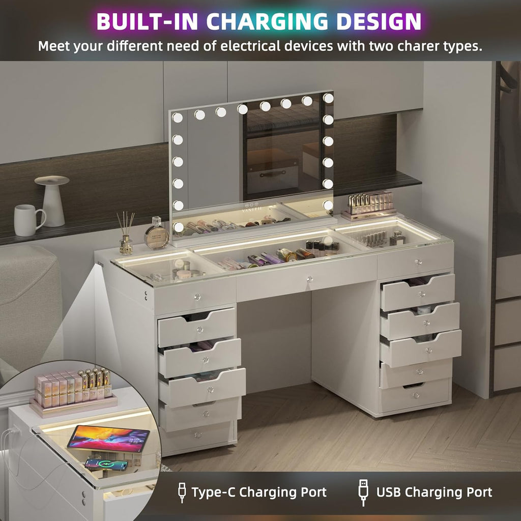 VANITII Makeup Vanity Desk with Mirror and RGB Lights Vanity Table with Makeup Mirror Glass Top Vanities with Charging Station RGB Lighted Mirror Smart Touch Dressing Table Set for Bedroom