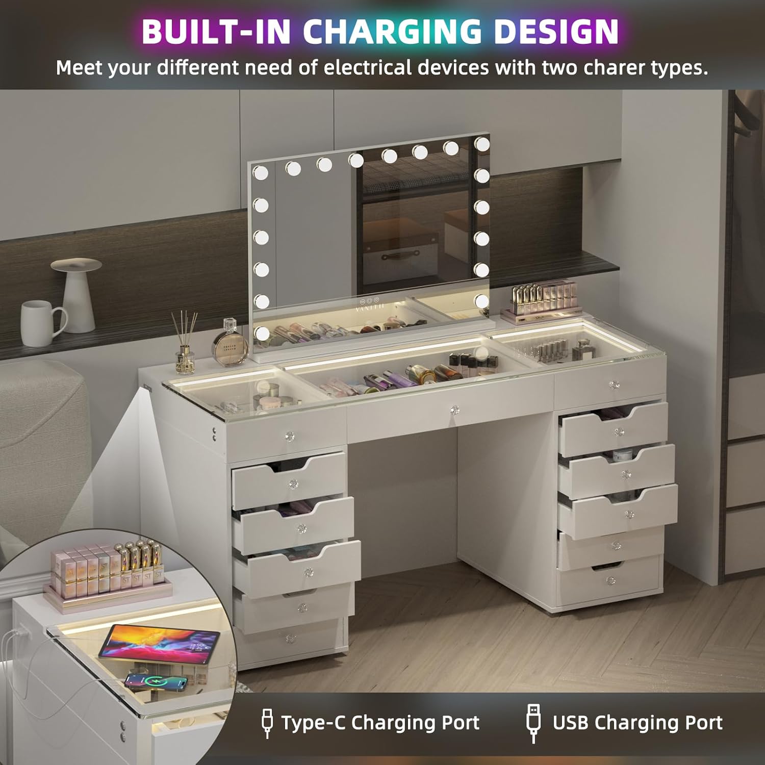 VANITII Makeup Vanity Desk with Mirror and RGB Lights Vanity Table with Makeup Mirror Glass Top Vanities with Charging Station RGB Lighted Mirror Smart Touch Dressing Table Set for Bedroom