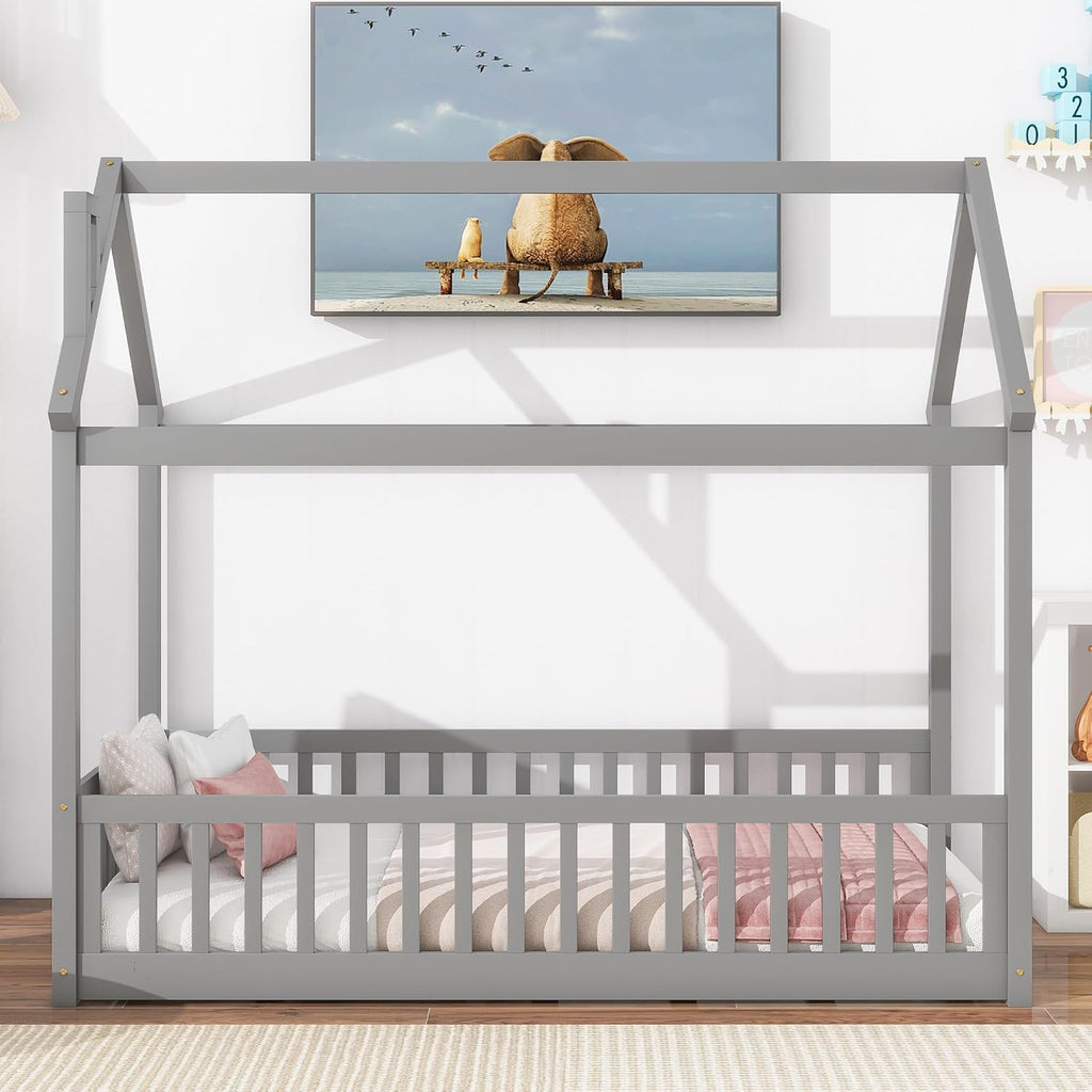Twin Floor Bed with Slats, Twin Floor Bed for Children, Wooden Montessori Bed with Fence, House Bed for Boys Girls Bedroom - Grey