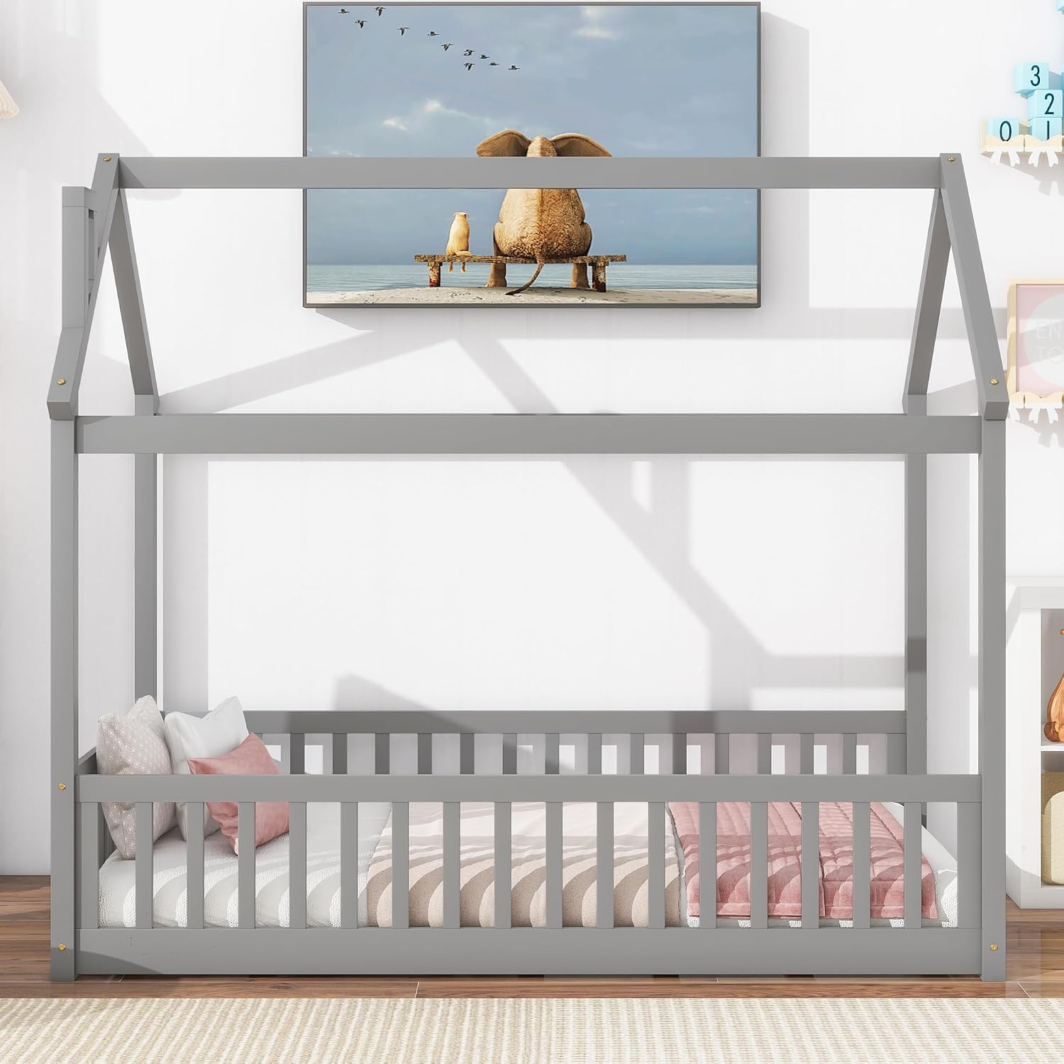 Twin Floor Bed with Slats, Twin Floor Bed for Children, Wooden Montessori Bed with Fence, House Bed for Boys Girls Bedroom - Grey