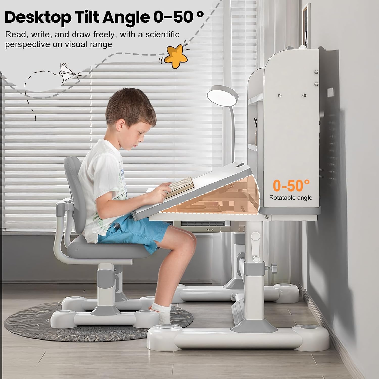 Kids Desk and Chair Set, Height Adjustable Study Desk with One-Touch Tilting Desktop (0–50°), Storage Drawer & Bookshelf, Ergonomic Desk for Boys and Girls Ages 3–12 (Grey)