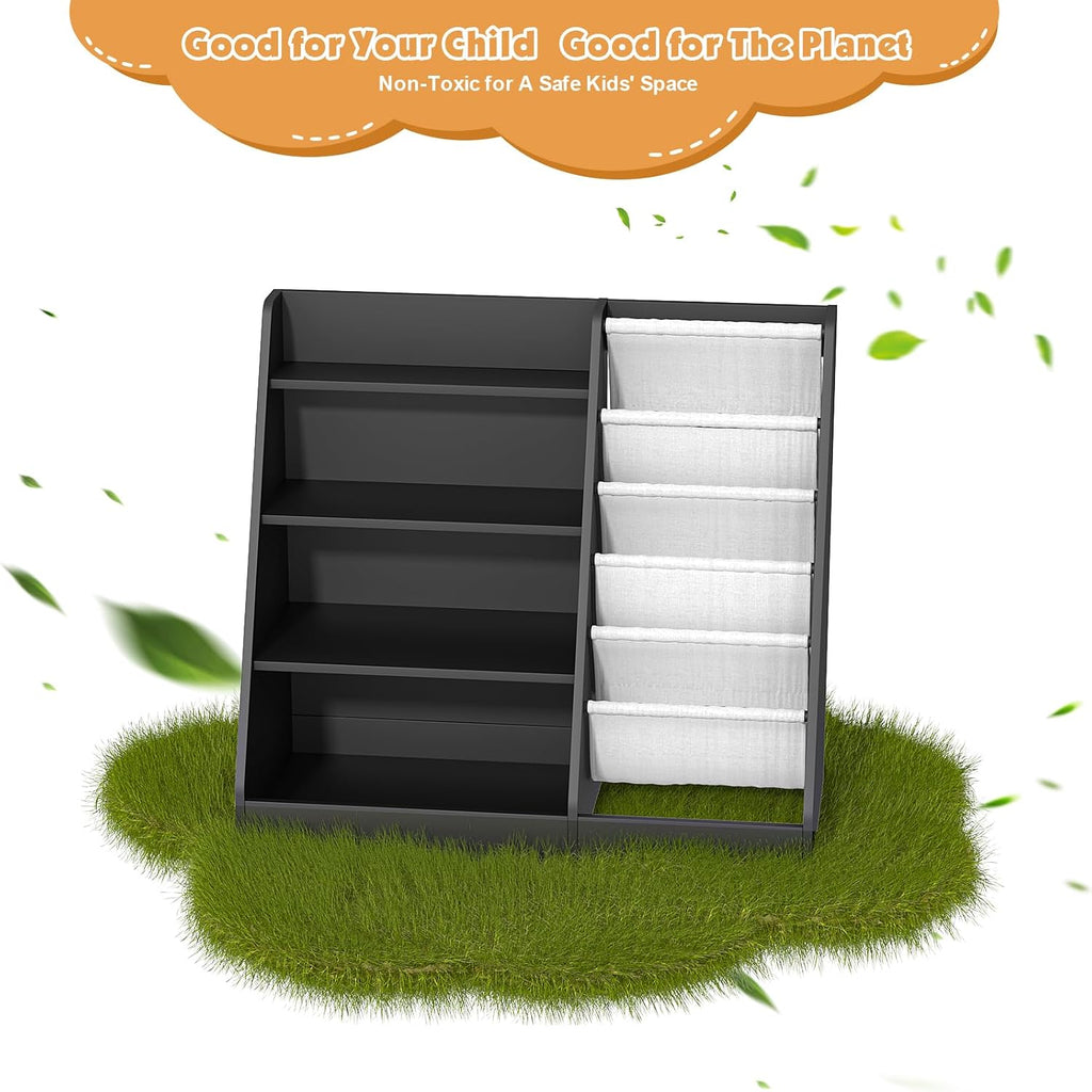 NACHES 4 Tier Kid Bookshelf Wooden 5 Sling Children Bookcase Toddler Montessori Bookcase Book Rack Display Toy Storage Organizer Book Display Shelf Stand Classroom Bedroom Nursery Playroom (Black)