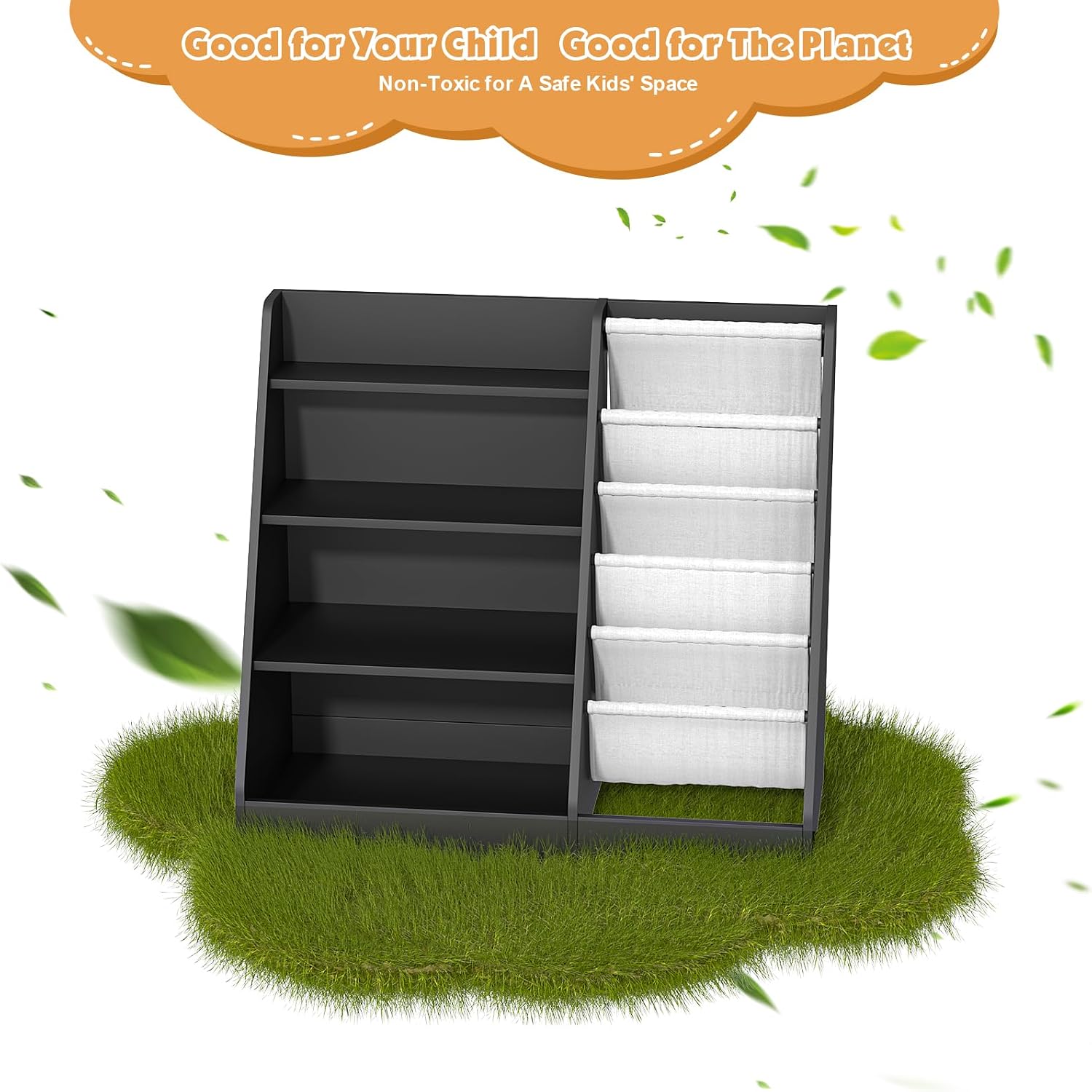 NACHES 4 Tier Kid Bookshelf Wooden 5 Sling Children Bookcase Toddler Montessori Bookcase Book Rack Display Toy Storage Organizer Book Display Shelf Stand Classroom Bedroom Nursery Playroom (Black)