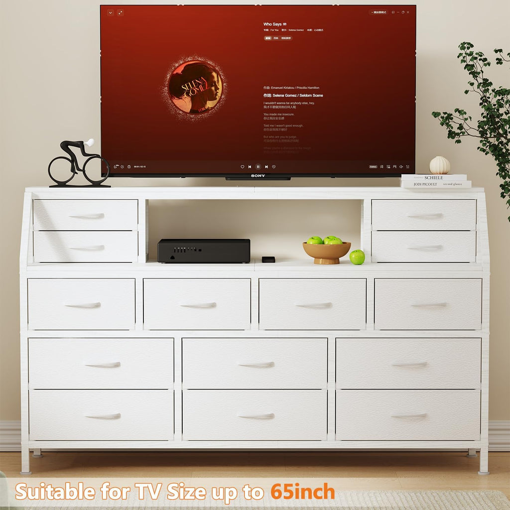 Dresser for Bedroom, 55' TV Stand with 14 Drawers, Long Dresser & Chests of Drawers with Shelves & Sturdy Metal Frame & Wood Top (White)