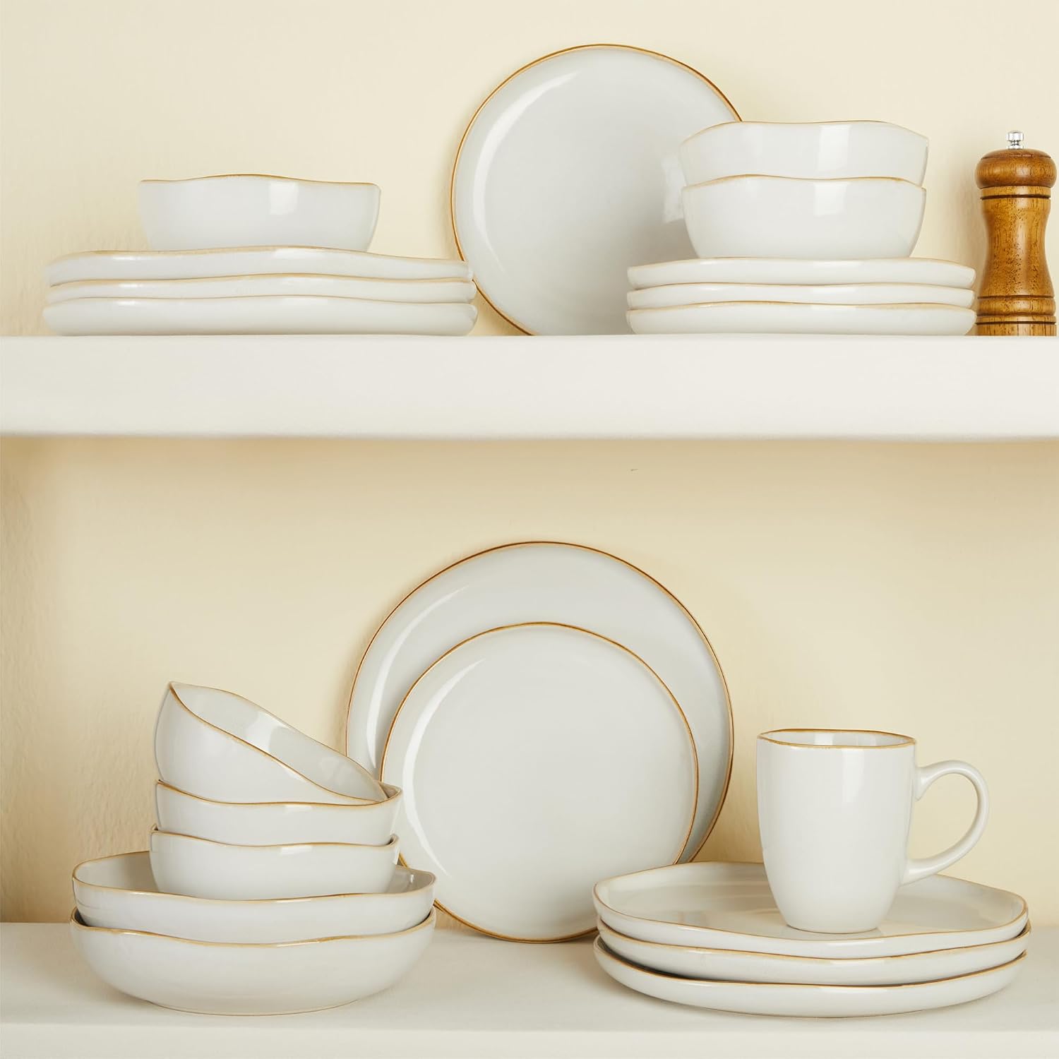 Pokini 18 Piece White Reactive Glaze Dinnerware Set for 6, Irregular Coastal Shape Stoneware | Elegant & Minimal Design for Daily Family Dinners or Weekend Guests