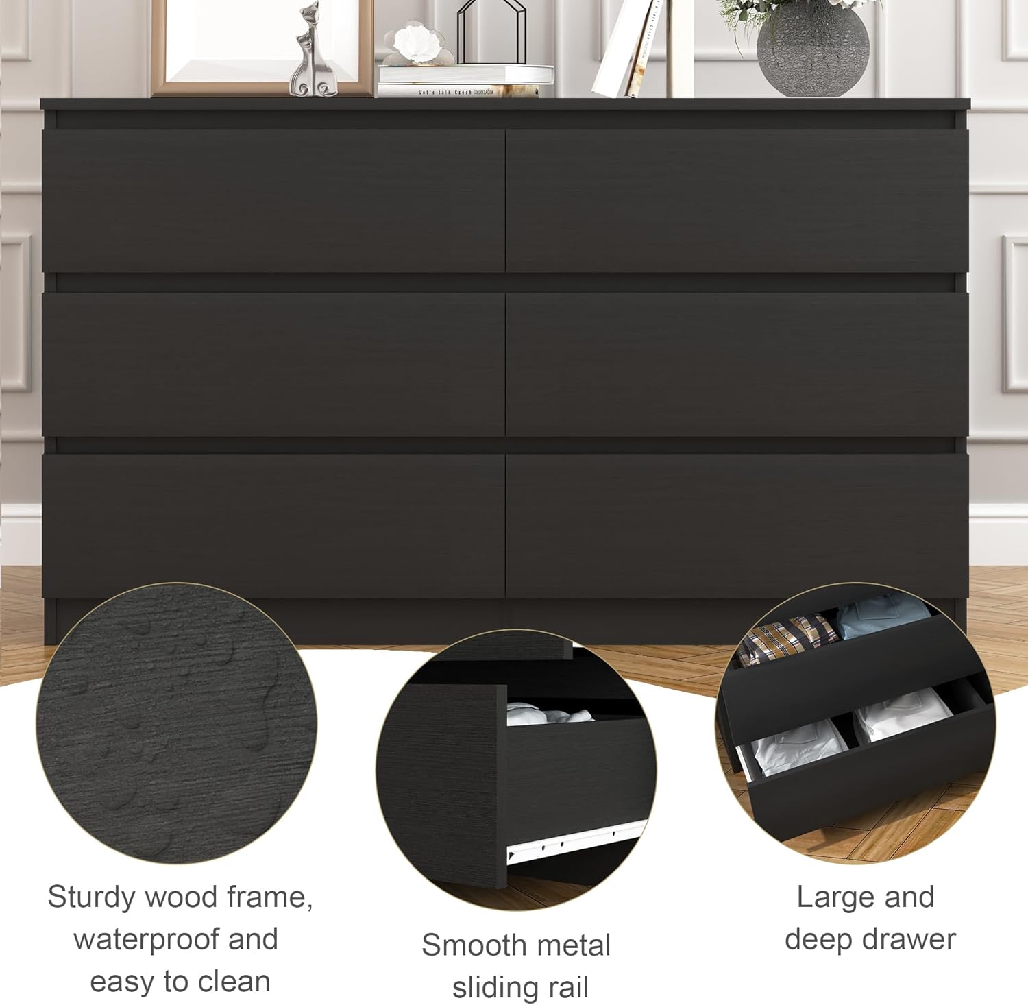 Black 6 Drawer Dresser for Bedroom, Modern Deep Drawer Dresser,Wide Chest of Drawers for Bedroom,Wood Storage Organizer Furniture,TV Dresser for Living Room