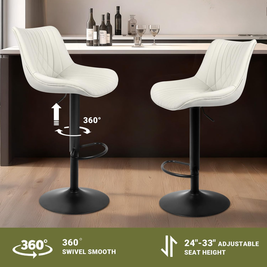 Swivel Bar Stools Set of 2, Height Adjustable Counter Height Bar Stools with Open Back and Footrest, Premium Faux PU Leather, Modern Upholstered Bar Chairs for Kitchen Island/Bar/Counter, White