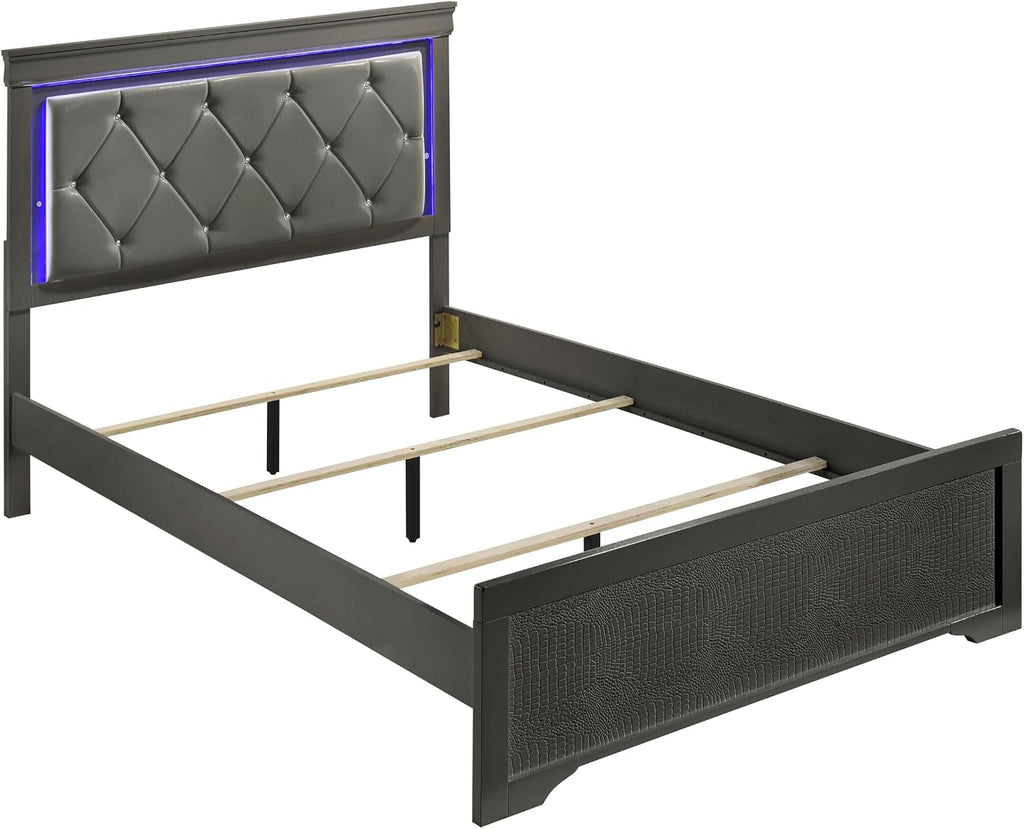 Upholstered 5 Pc Full Bedroom Set with LED Headboard Made with Wood in Metallic Gray KH65