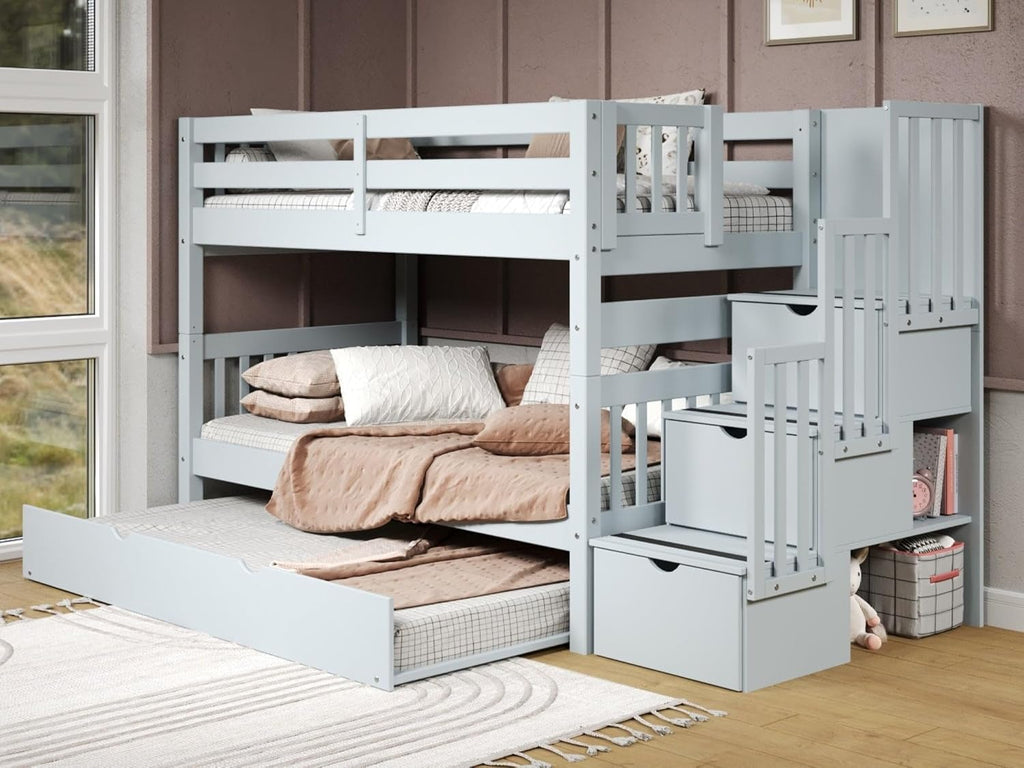 Bedz King Stairway Bunk Beds Twin Over Twin, 3 Step Drawers and a Twin Trundle, Breezy Blue