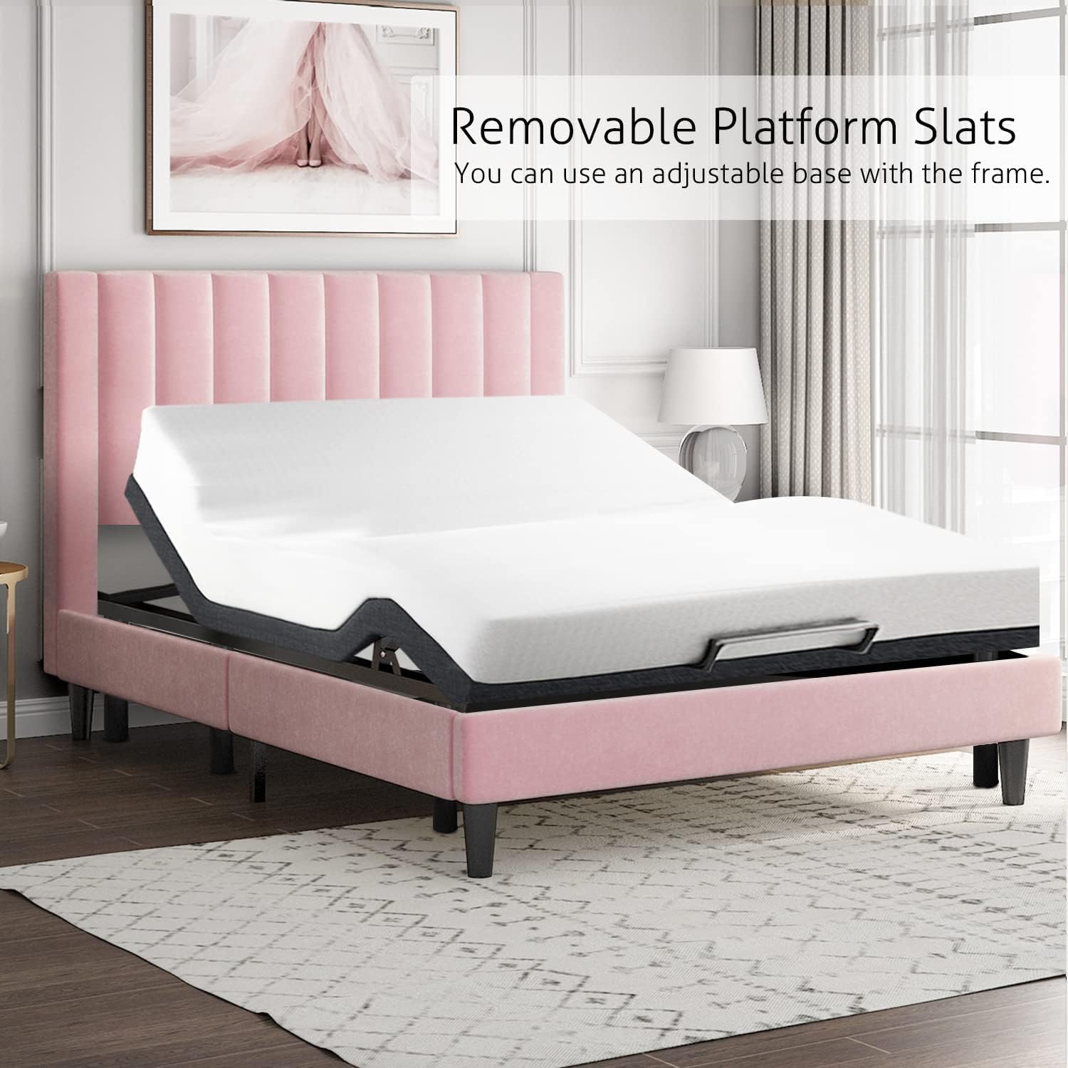 SHA CERLIN Full Bed Frame/Velvet Upholstered Platform Bed Frame with Headboard/Strong Wood Slats Support/Mattress Foundation/No Box Spring Needed - Pink